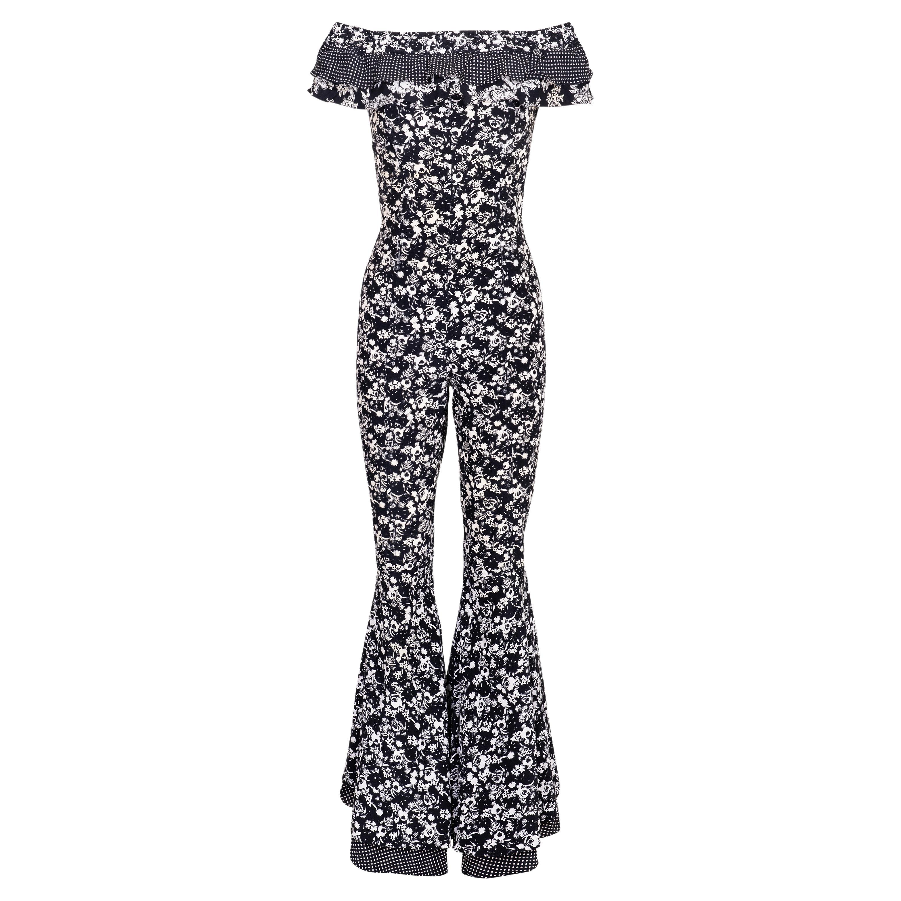 S/S 1993 Gianni Versace Floral and Polka Dot Pattern Bell-Bottom Jumpsuit For Sale