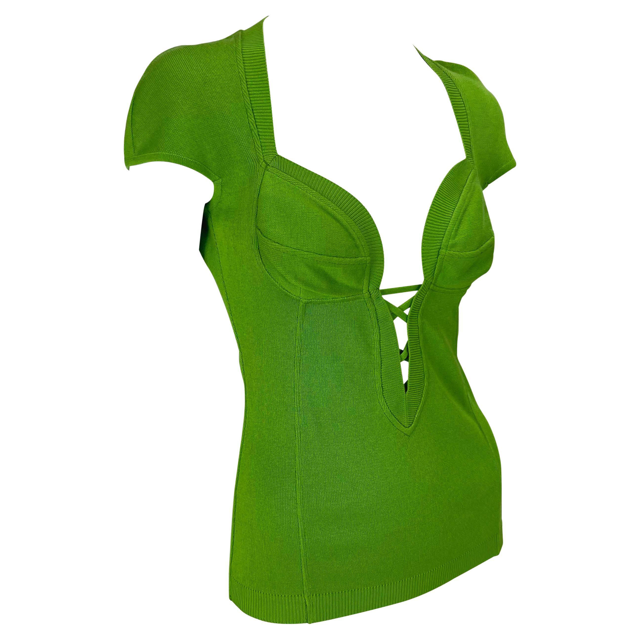 S/S 1993 Gianni Versace Green Stretch Knit Bustier Plunge Top In Good Condition In West Hollywood, CA