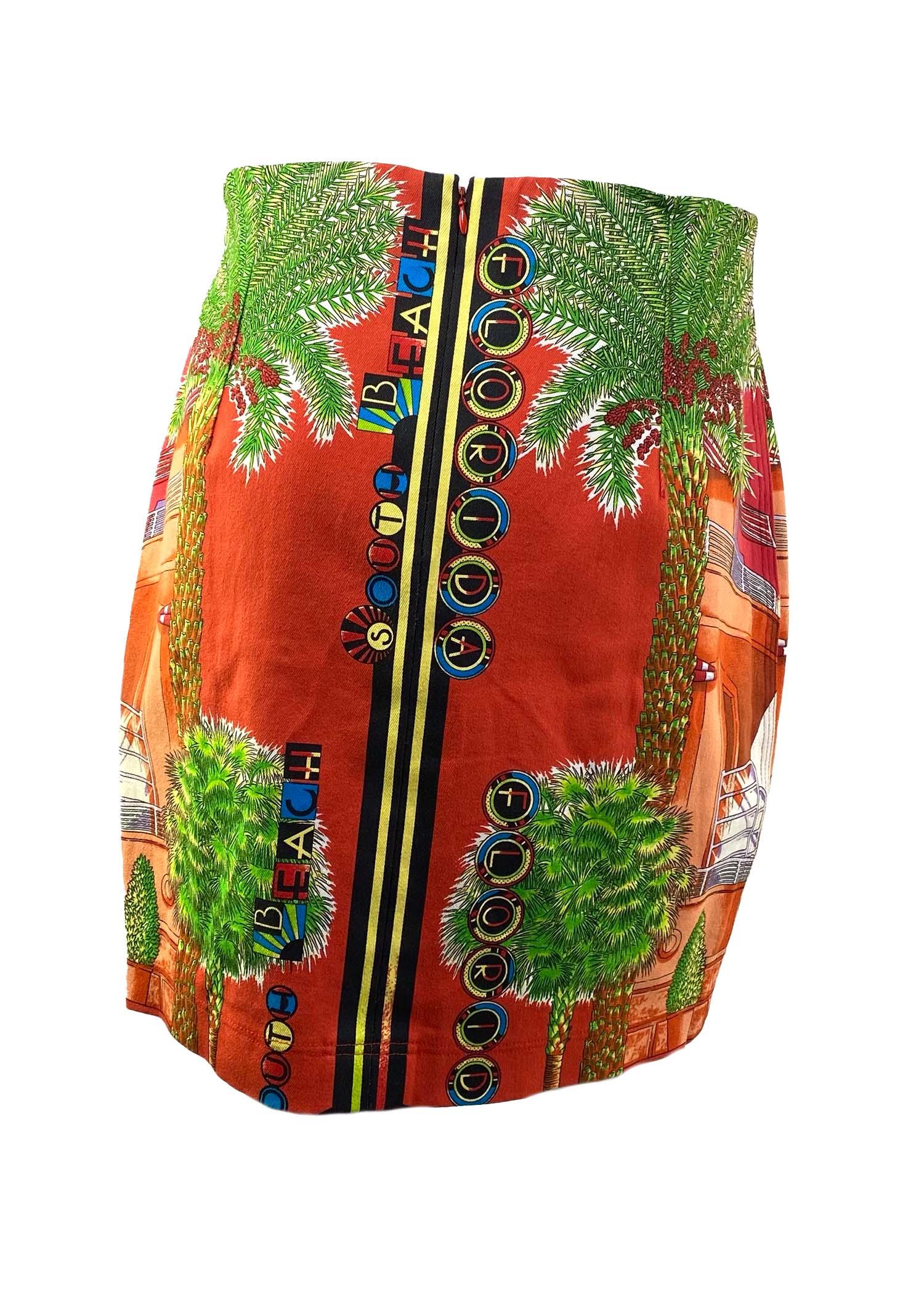 Red S/S 1993 Gianni Versace Miami Print Skirt 