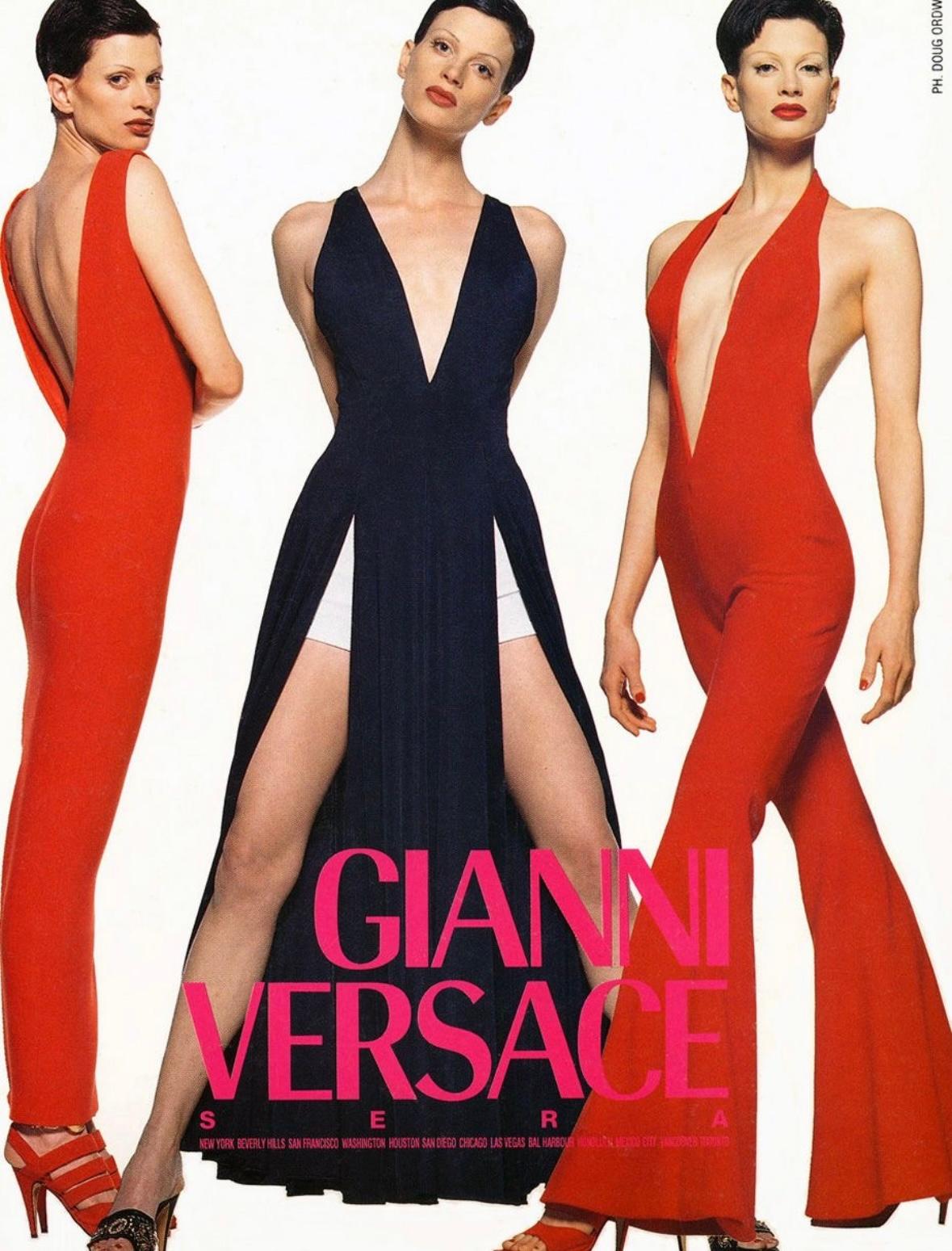 S/S 1993 Gianni Versace Runway Ad Red Plunging Back Sleeveless Dress For Sale 1