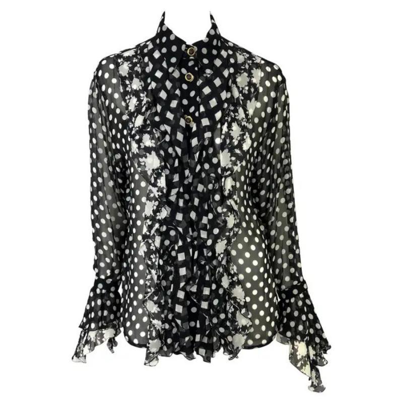 S/S 1993 - Gianni Versace Runway - Haut à volants à pois blancs et noirs transparents