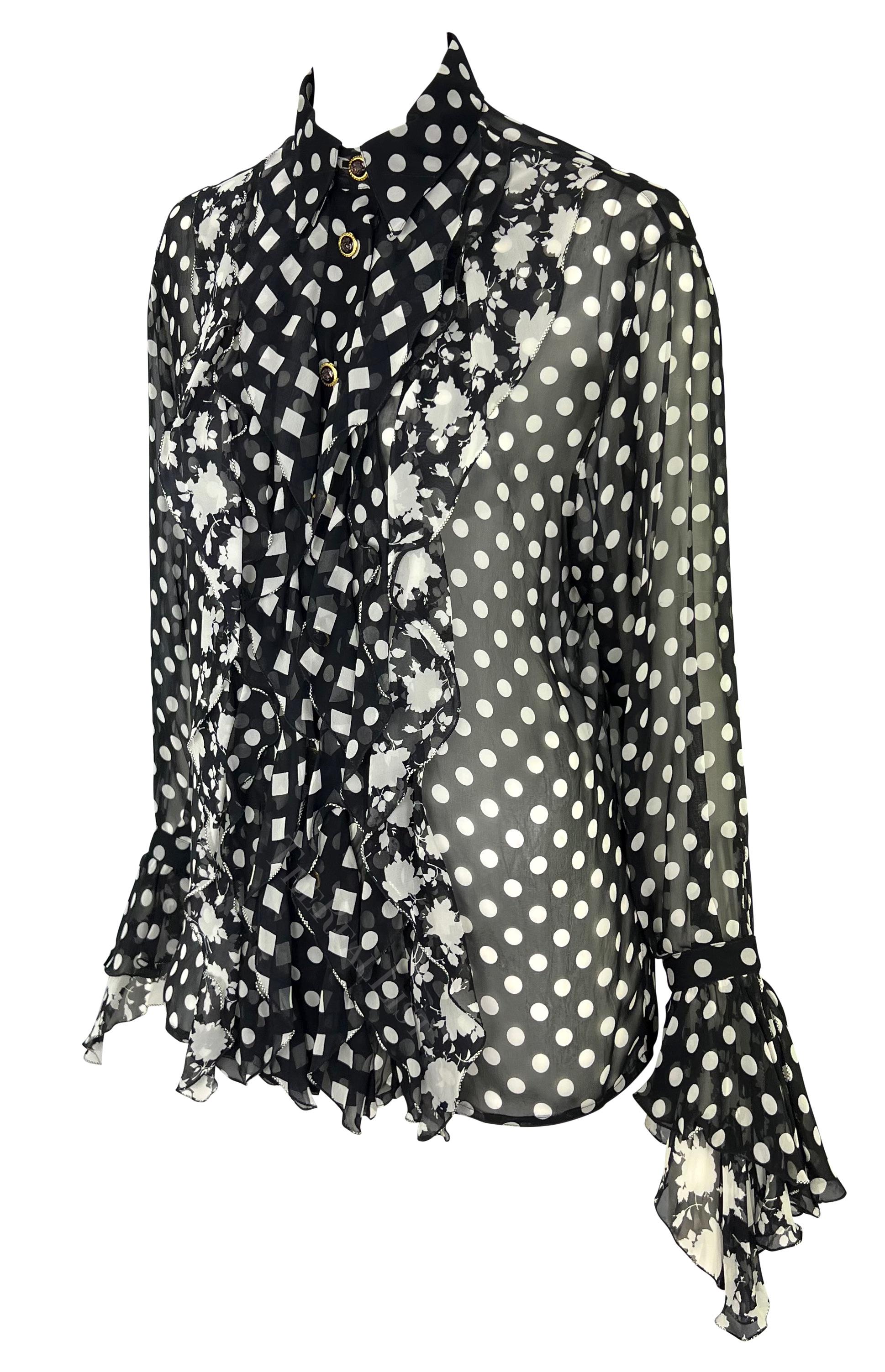 S/S 1993 Gianni Versace Runway Black White Sheer Polka Dot Floral Ruffle Top In Excellent Condition For Sale In West Hollywood, CA