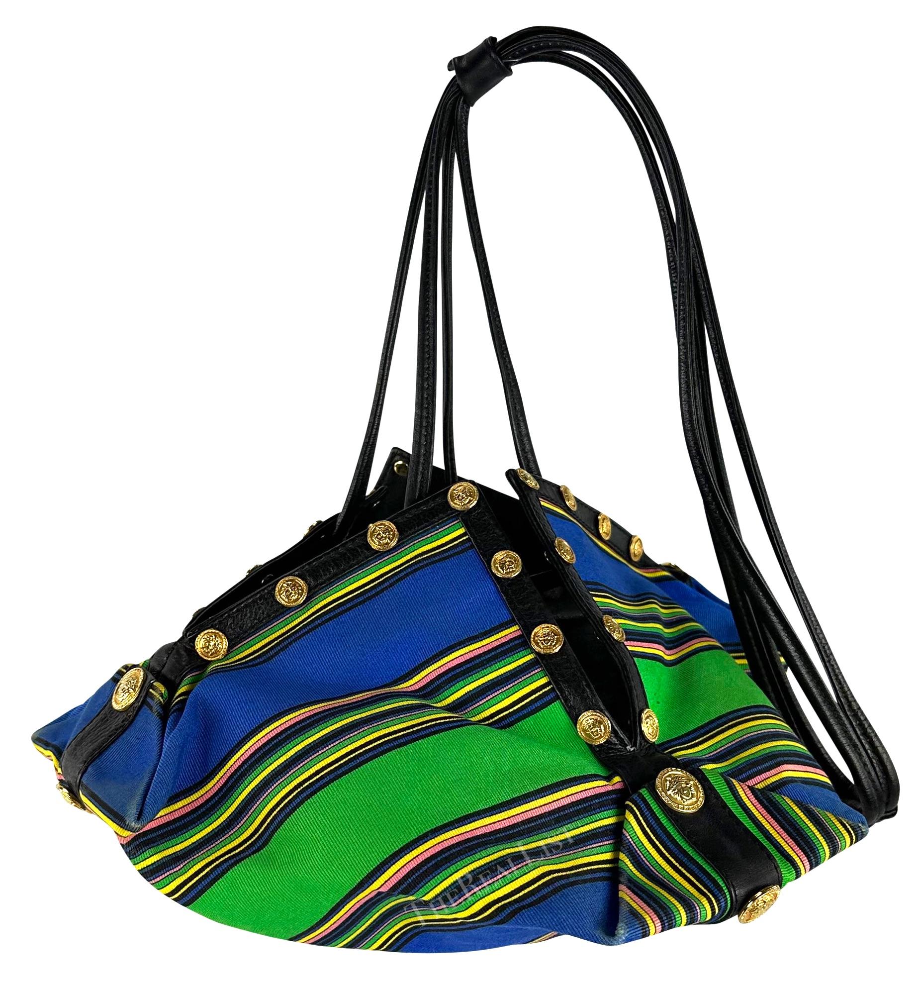 S/S 1993 Gianni Versace Runway Medusa Medallion Blue Striped Drawstring Bag For Sale 6