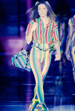 S/S 1993 Gianni Versace Runway Medusa Medallion Blue Striped Drawstring Bag