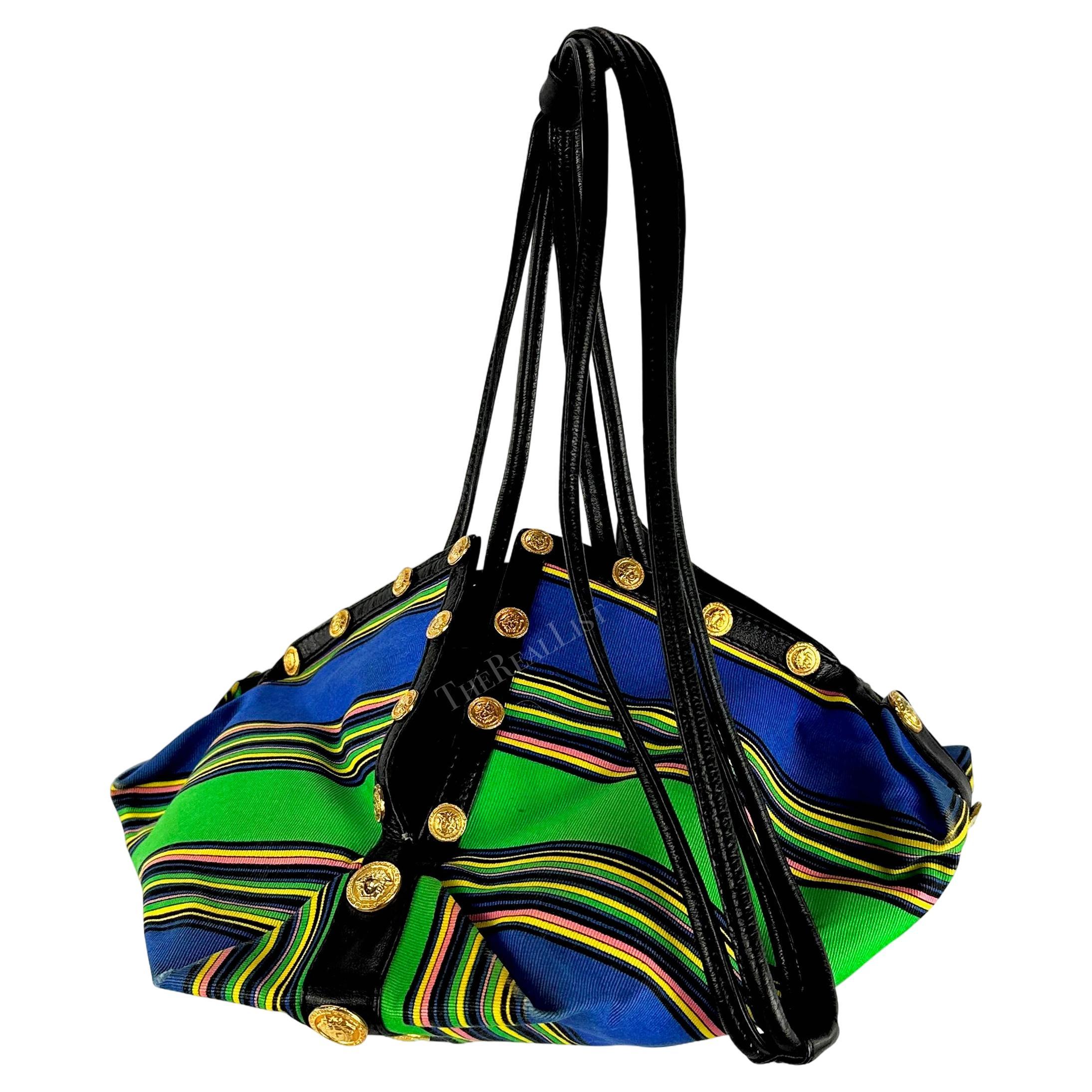 Black S/S 1993 Gianni Versace Runway Medusa Medallion Blue Striped Drawstring Bag For Sale