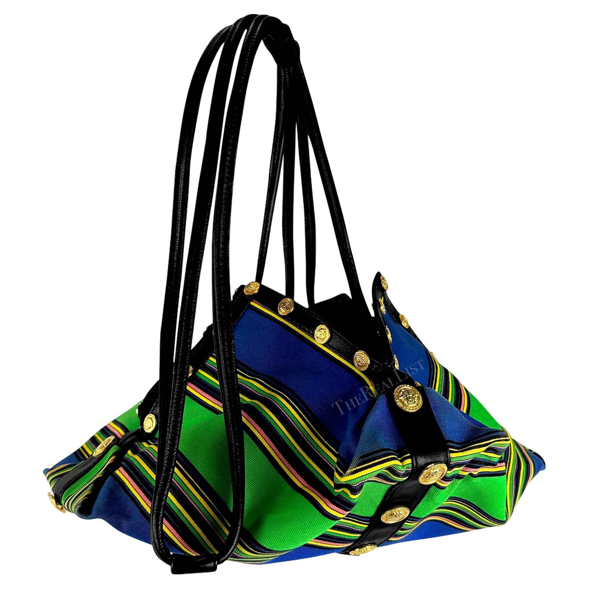 Women's S/S 1993 Gianni Versace Runway Medusa Medallion Blue Striped Drawstring Bag For Sale