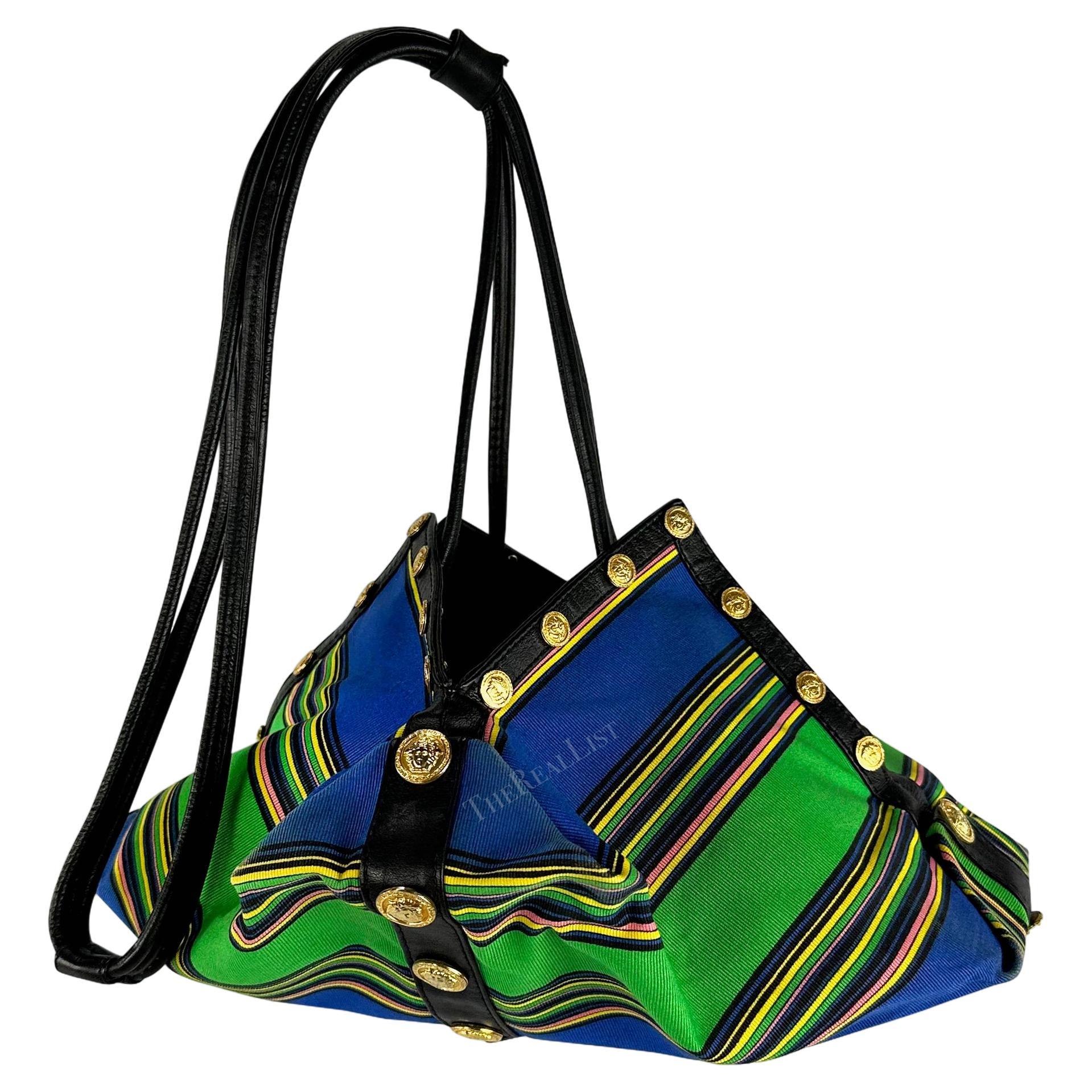 Women's S/S 1993 Gianni Versace Runway Medusa Medallion Blue Striped Drawstring Bag For Sale