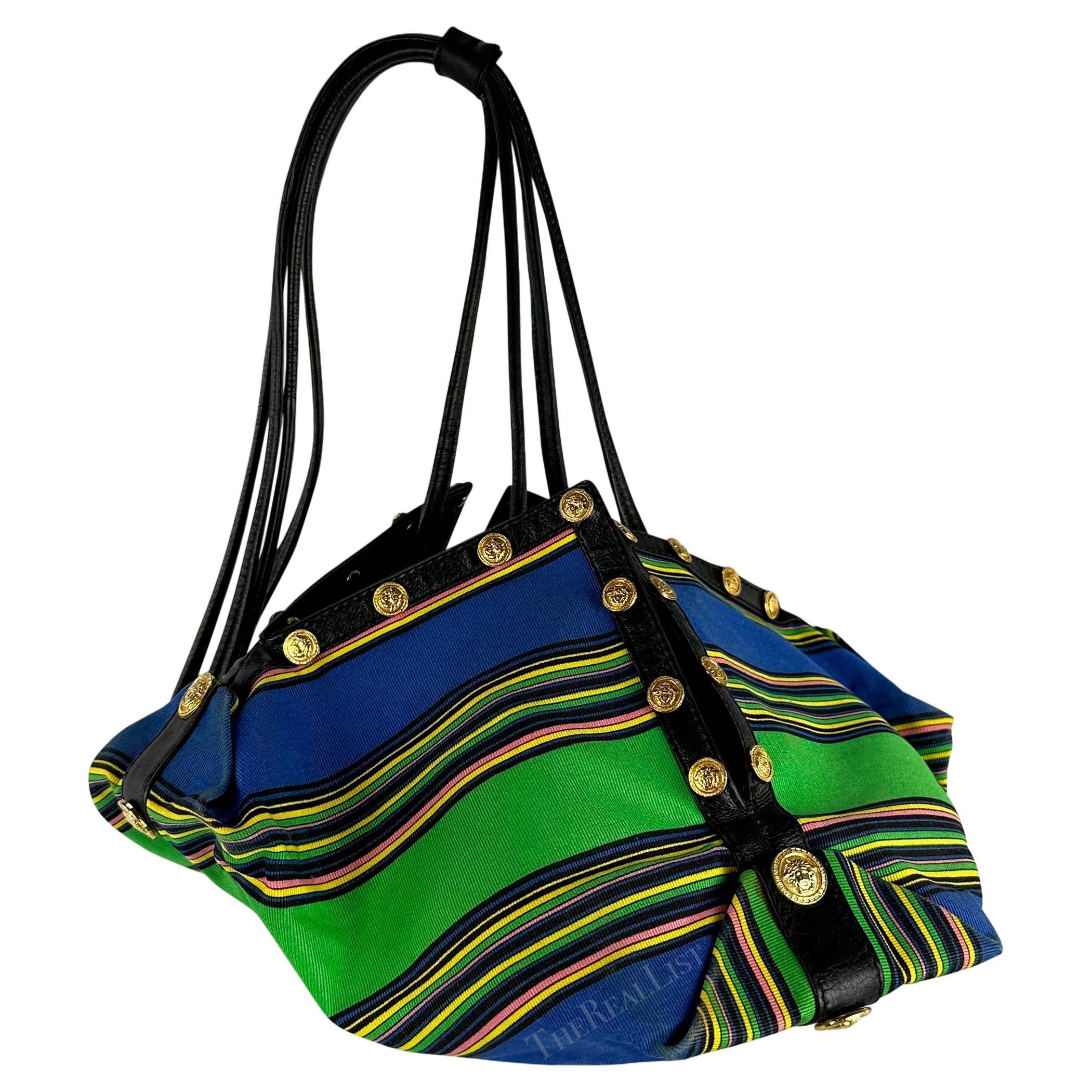S/S 1993 Gianni Versace Runway Medusa Medallion Blue Striped Drawstring Bag For Sale 1