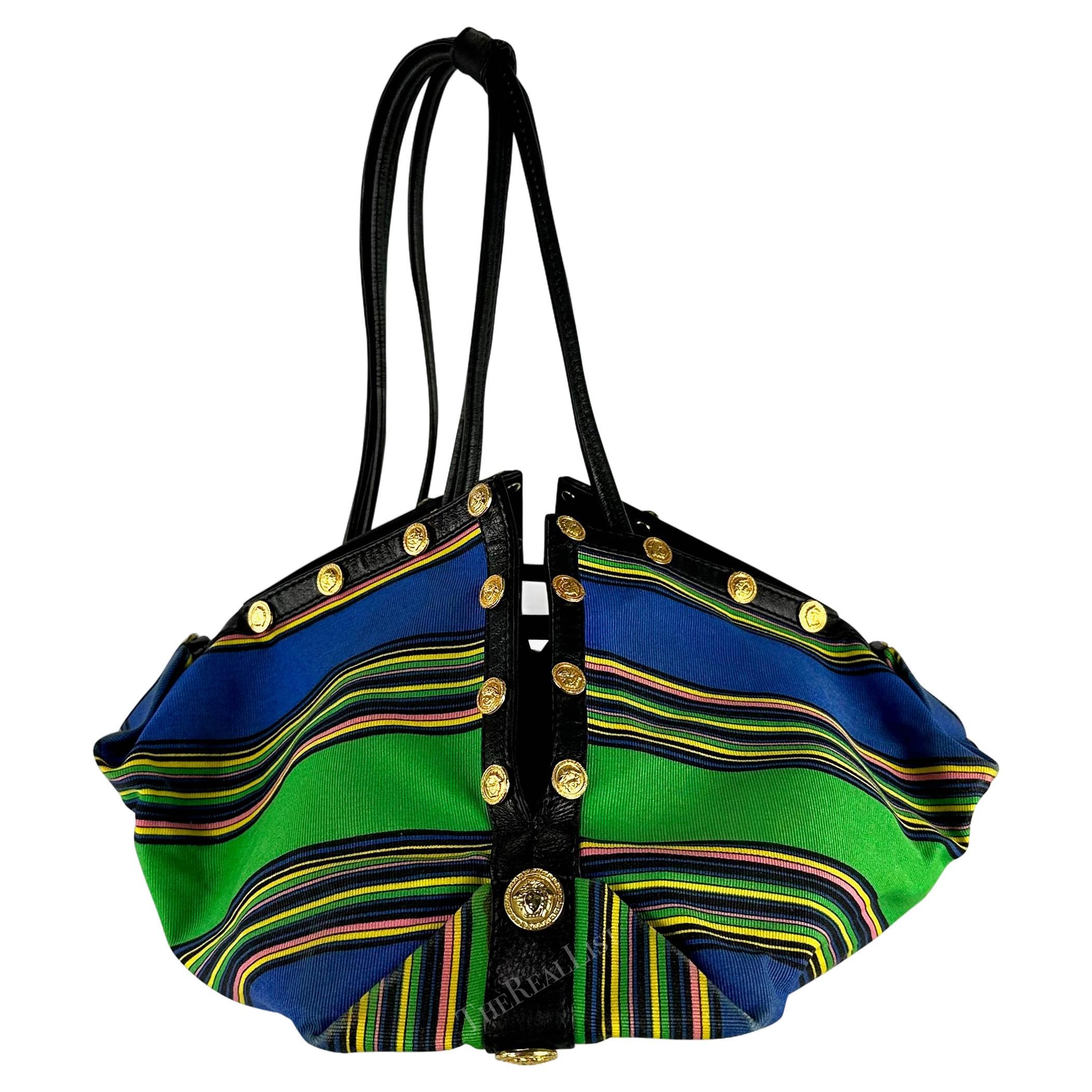 S/S 1993 Gianni Versace Runway Medusa Medallion Blue Striped Drawstring Bag For Sale 3