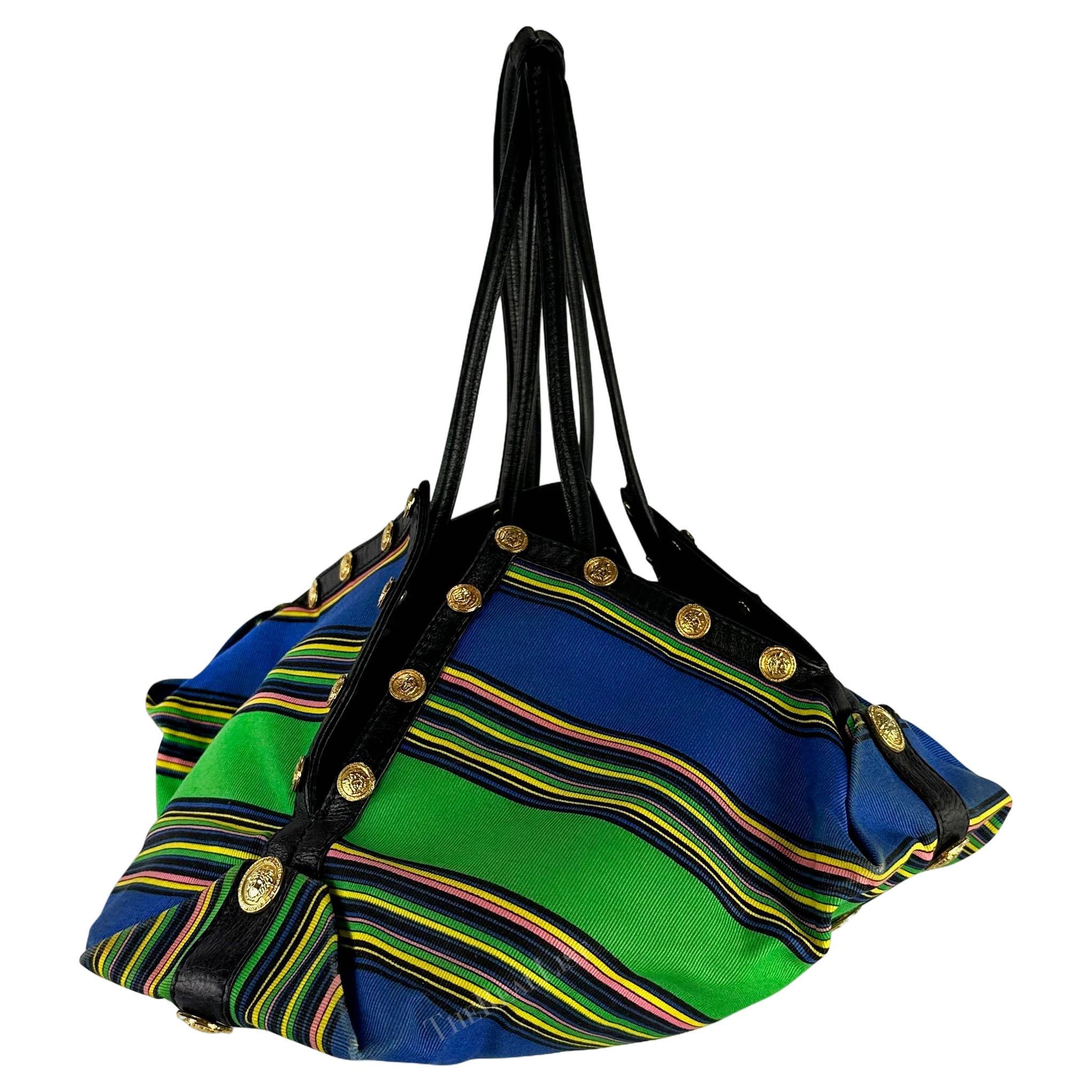 S/S 1993 Gianni Versace Runway Medusa Medallion Blue Striped Drawstring Bag For Sale 3