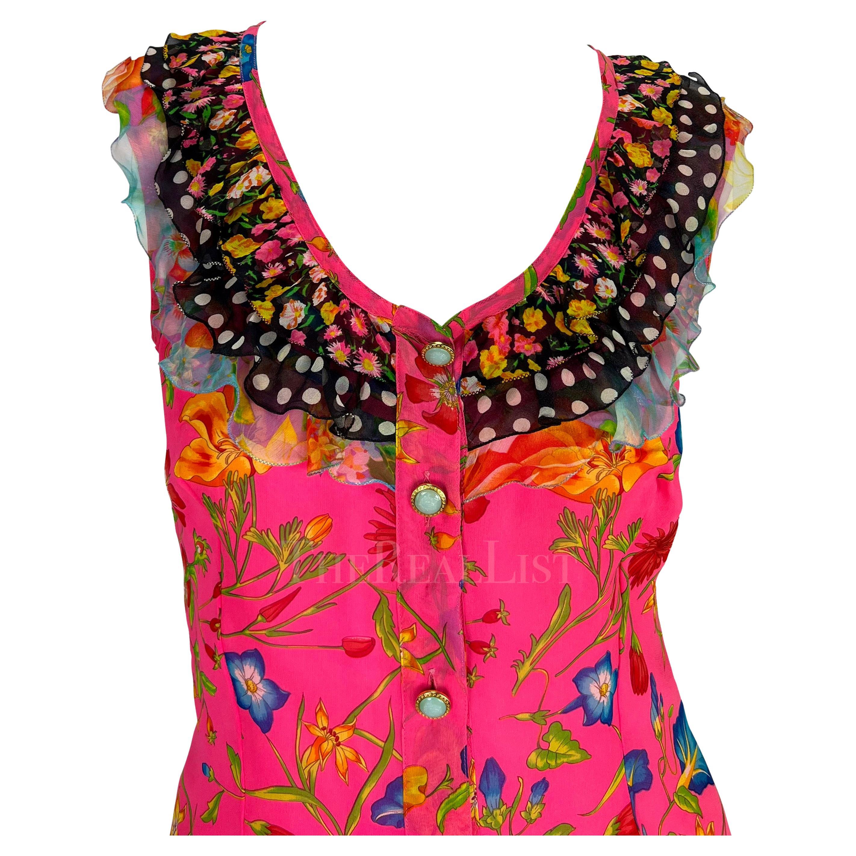 S/S 1993 Gianni Versace Runway Pink Floral Ruffle Medusa Sleeveless Top In Excellent Condition For Sale In West Hollywood, CA