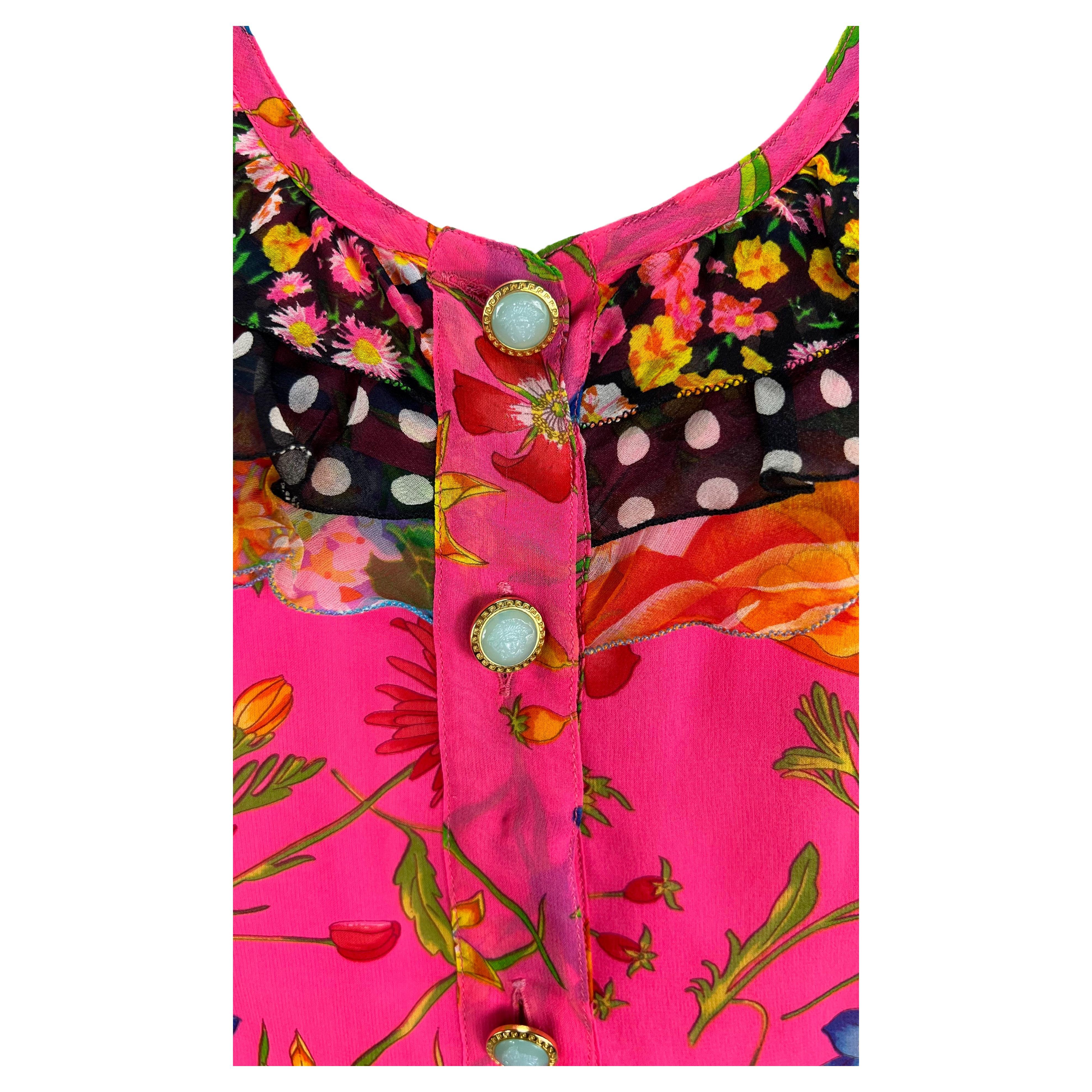 Women's S/S 1993 Gianni Versace Runway Pink Floral Ruffle Medusa Sleeveless Top For Sale