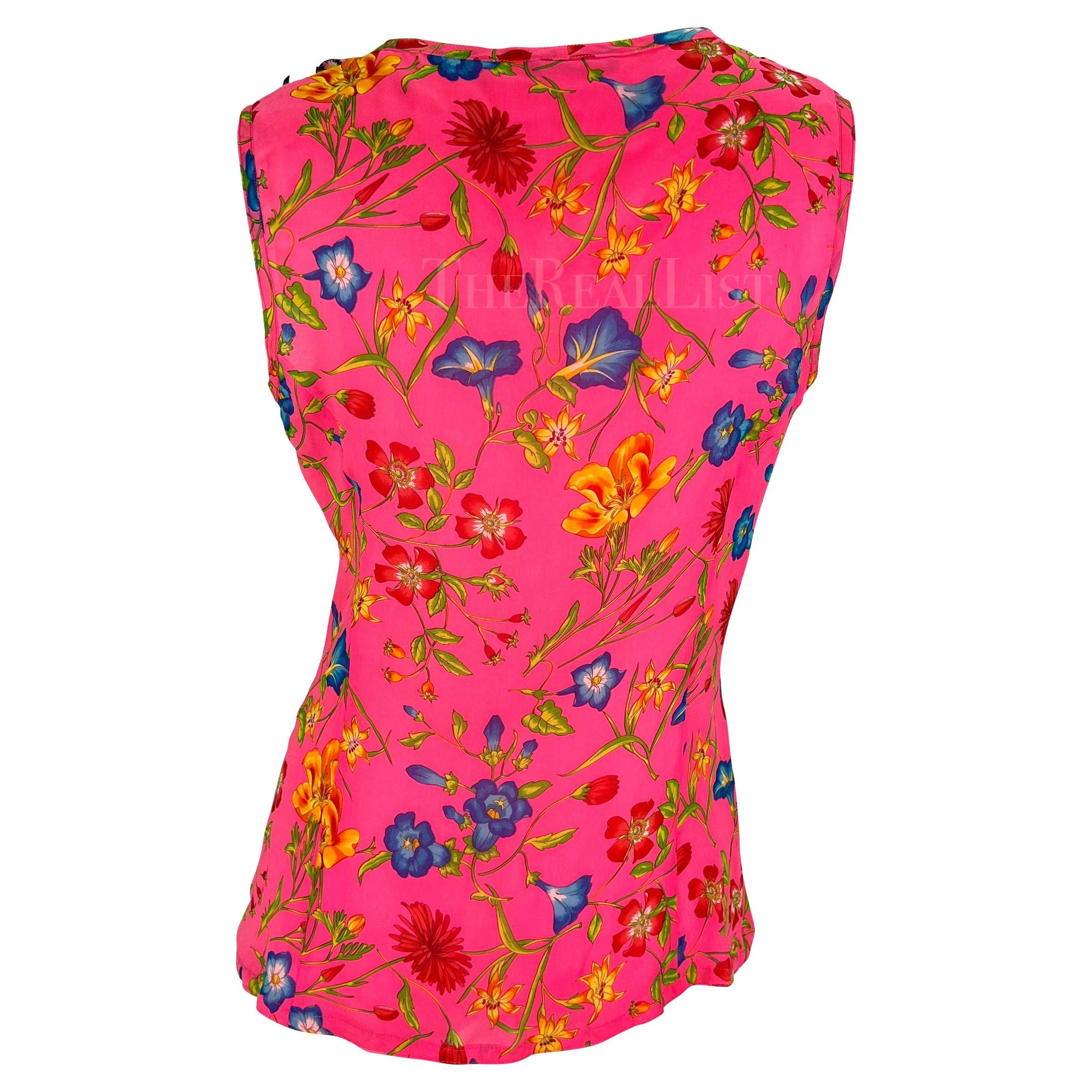 S/S 1993 Gianni Versace Runway Pink Floral Ruffle Medusa Sleeveless Top For Sale 3