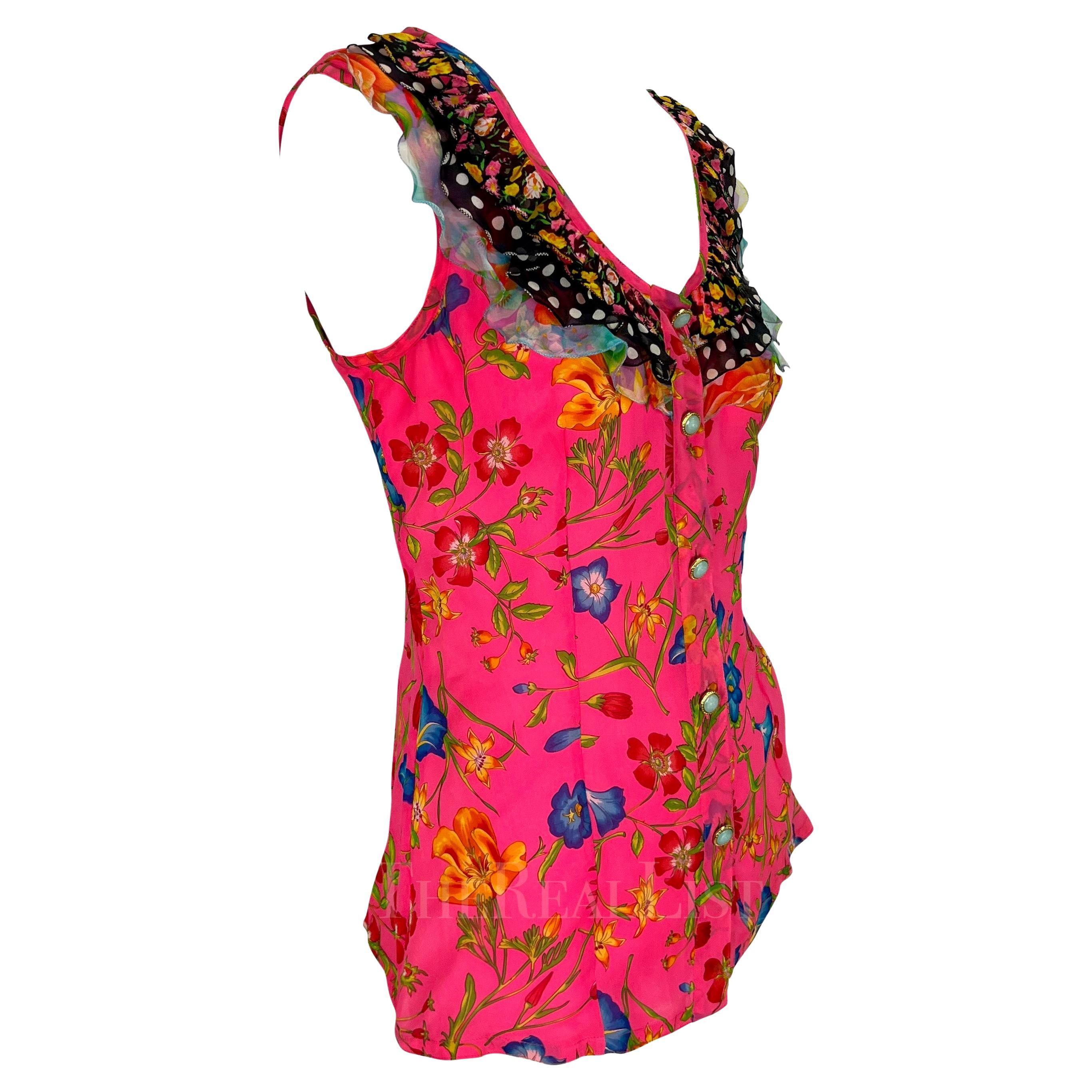 S/S 1993 Gianni Versace Runway Pink Floral Ruffle Medusa Sleeveless Top For Sale 4