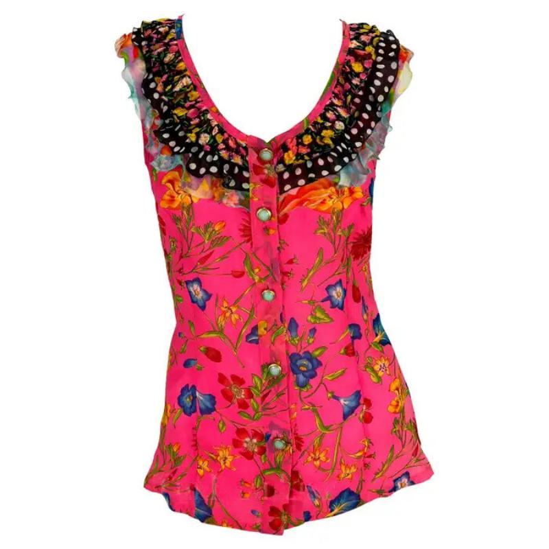 P/E 1993 Gianni Versace: Top senza maniche con volant floreale rosa Medusa in vendita