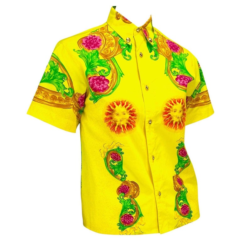 Women's S/S 1993 Gianni Versace Yellow Miami Beach Sun Print Short Sleeve Button Up Top For Sale