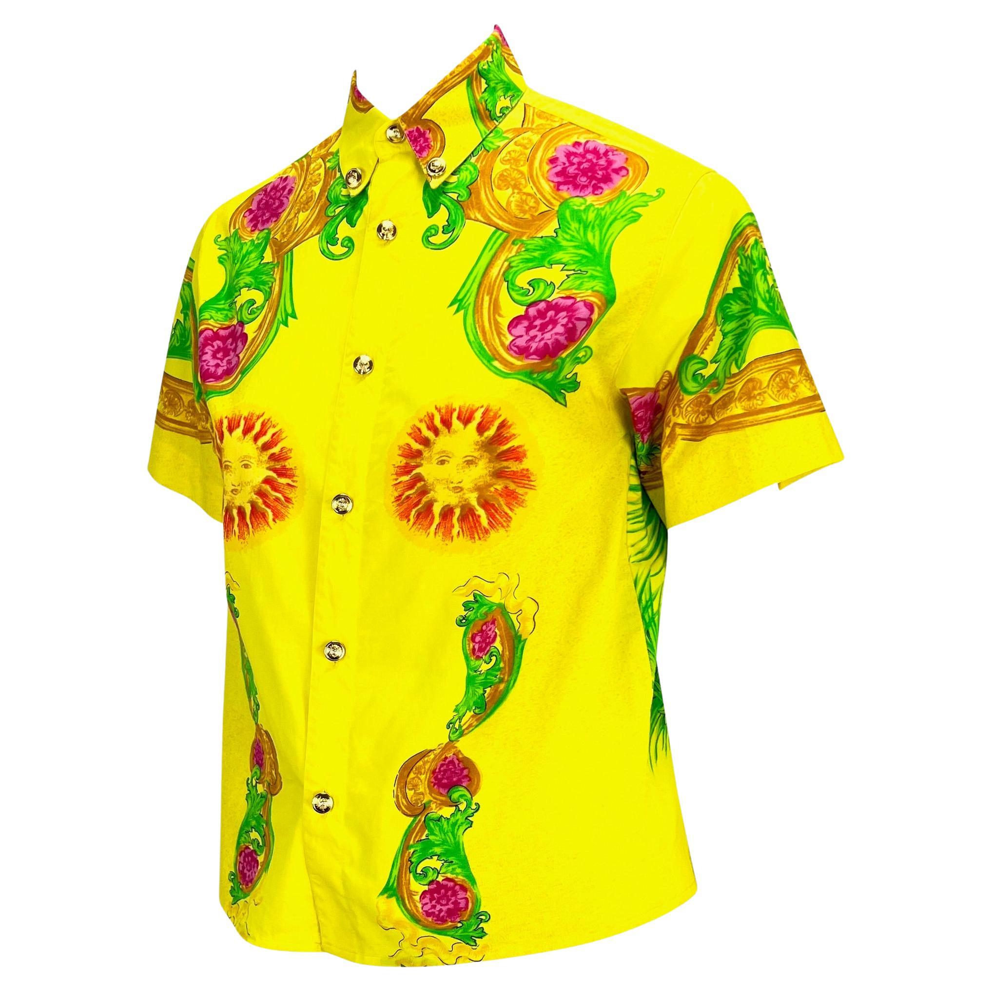 S/S 1993 Gianni Versace Yellow Miami Beach Sun Print Short Sleeve Button Up Top In Excellent Condition In West Hollywood, CA