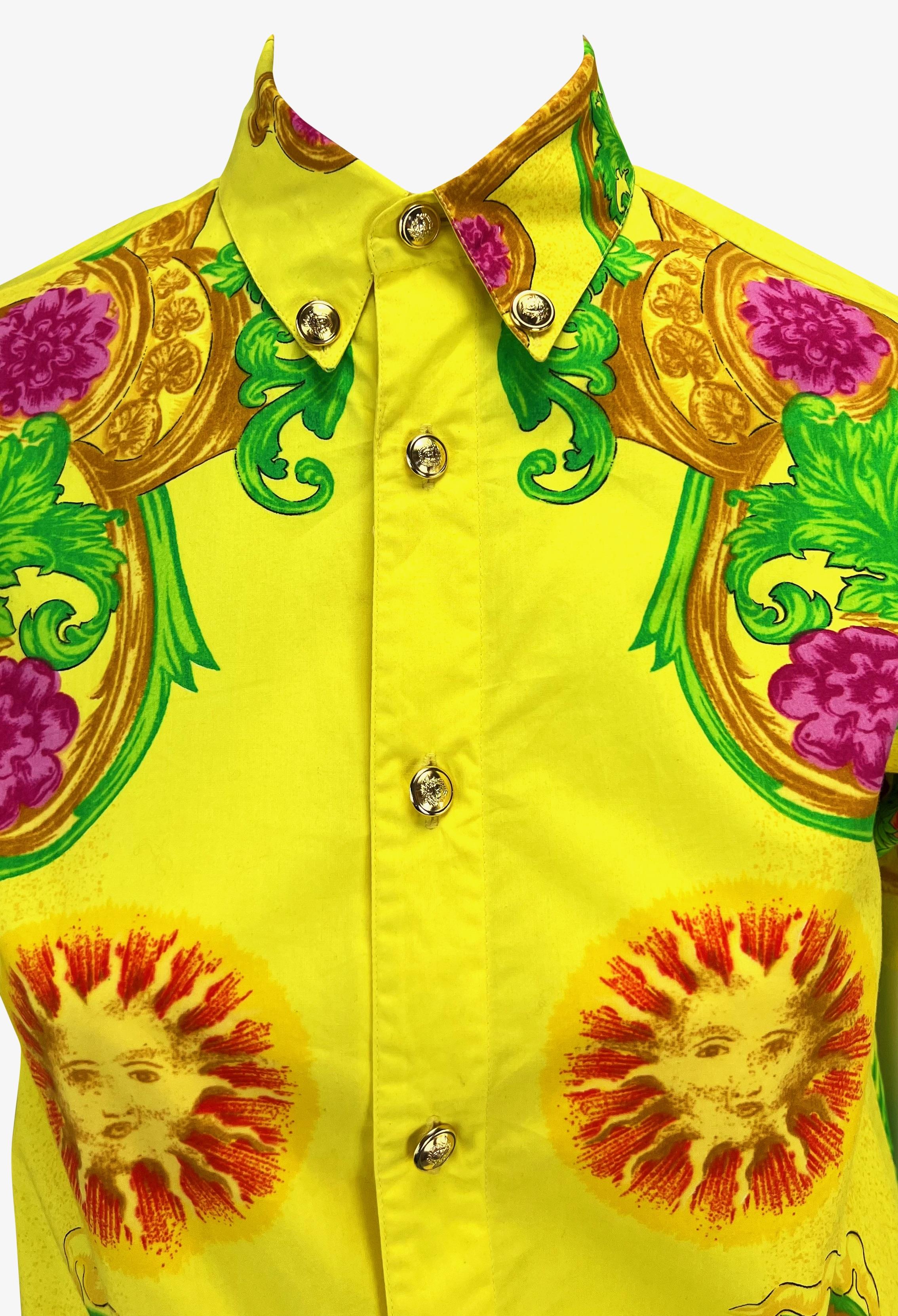 Women's S/S 1993 Gianni Versace Yellow Miami Beach Sun Print Short Sleeve Button Up Top