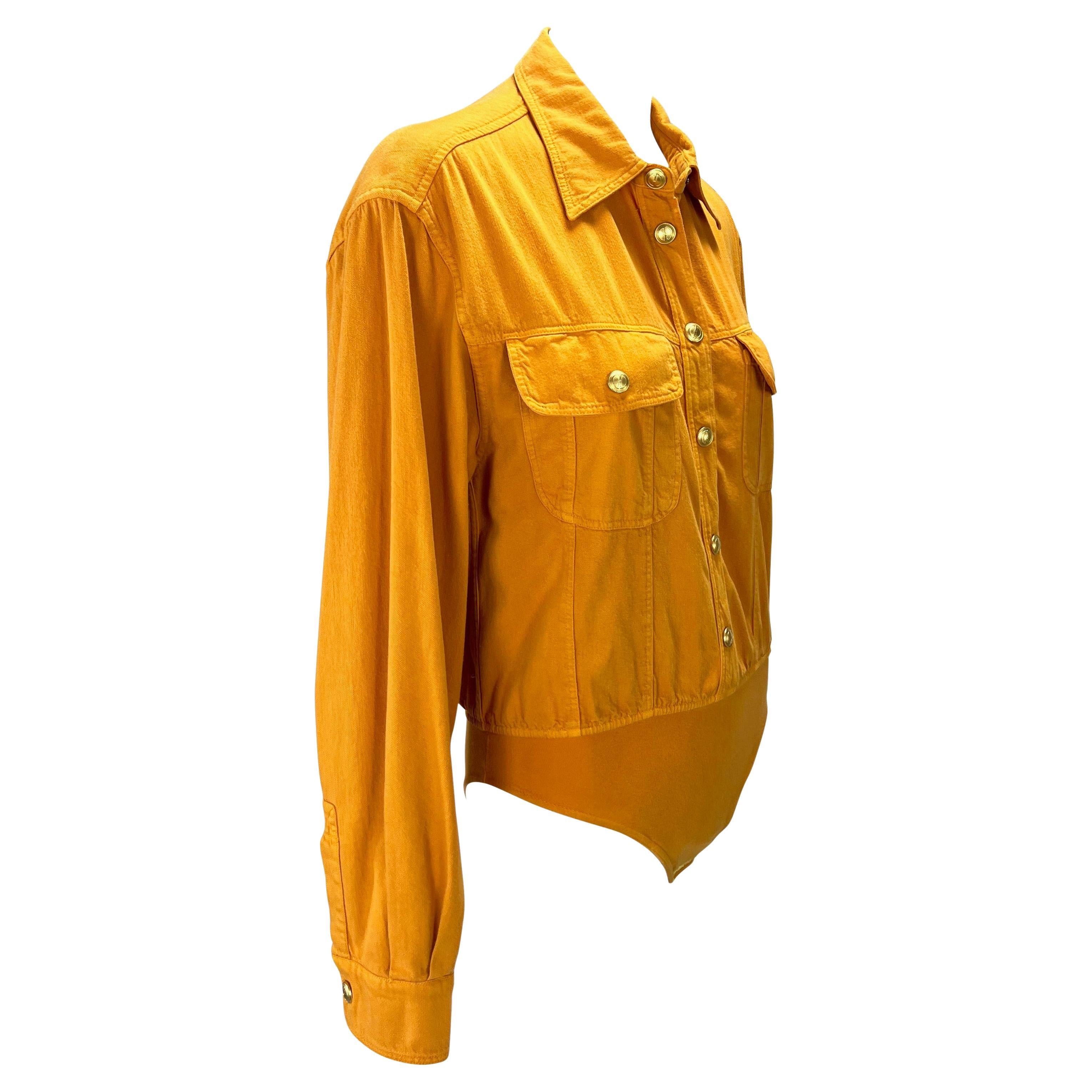 S/S 1993 Gucci Gold GG Snap Pocket Orange Cotton Twill Leotard Top For Sale 2