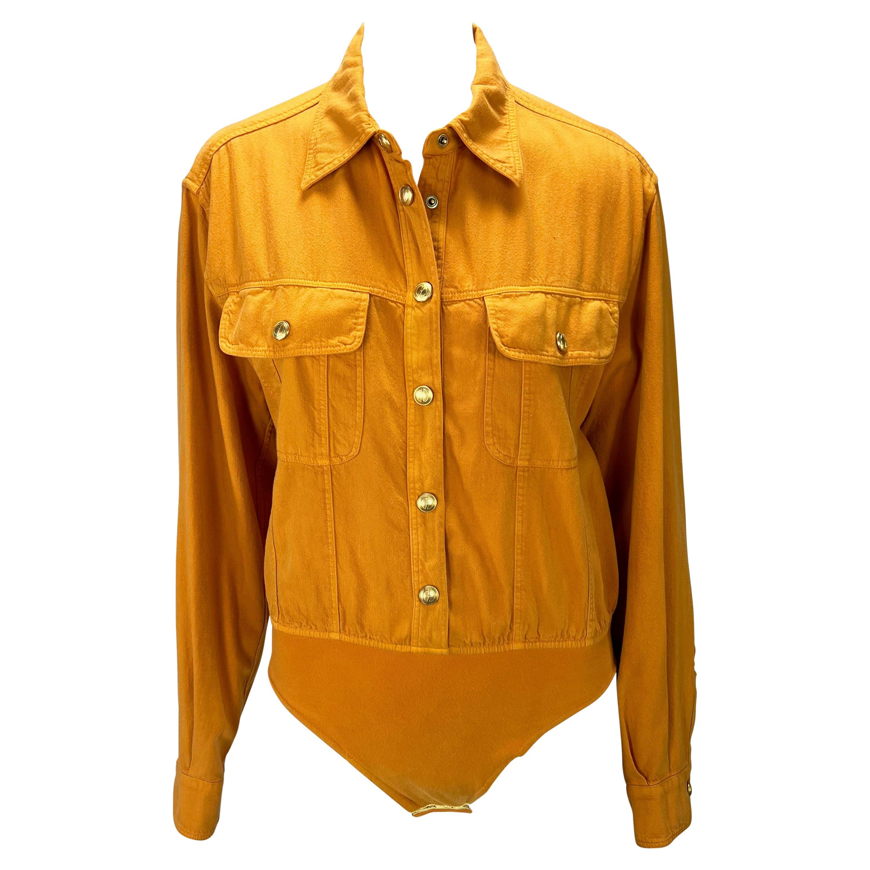 S/S 1993 Gucci Gold GG Snap Pocket Orange Cotton Twill Leotard Top For Sale