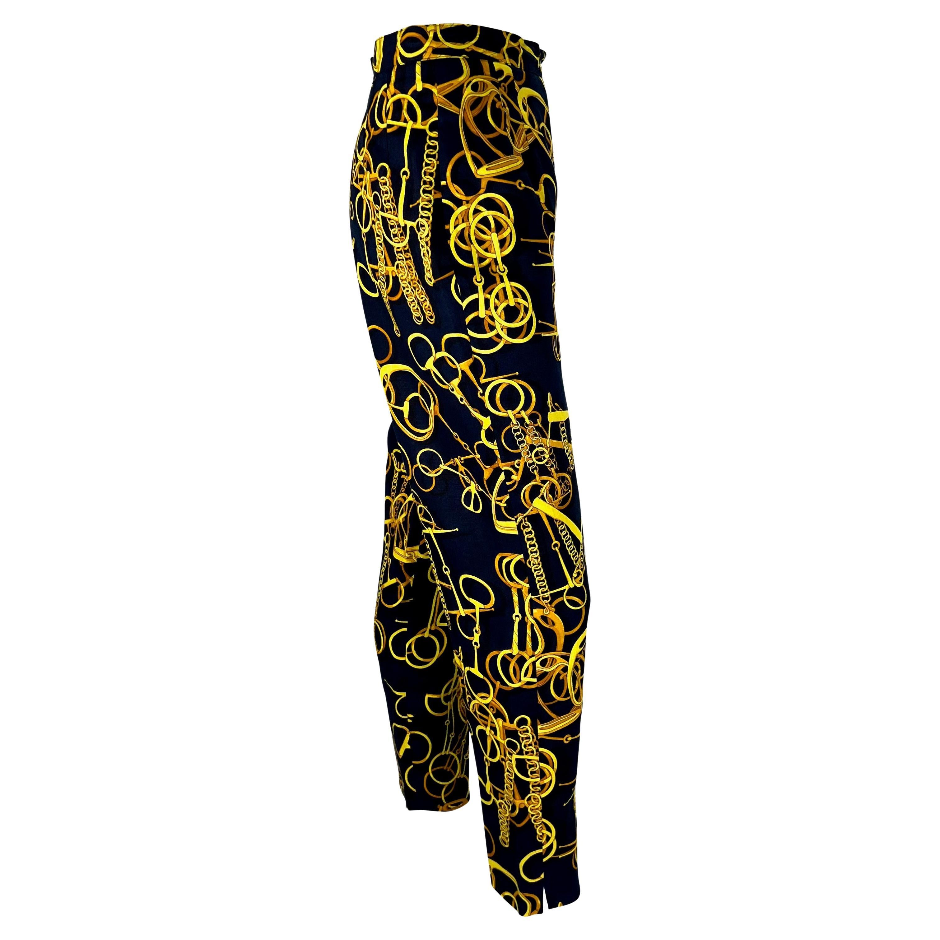 S/S 1993 Gucci Navy Gold Horsebit Print Silk French Cuff Blouse Linen Pants For Sale 5