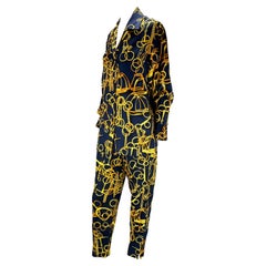 S/S 1993 Gucci Navy Gold Horsebit Print Silk French Cuff Blouse Linen Pants