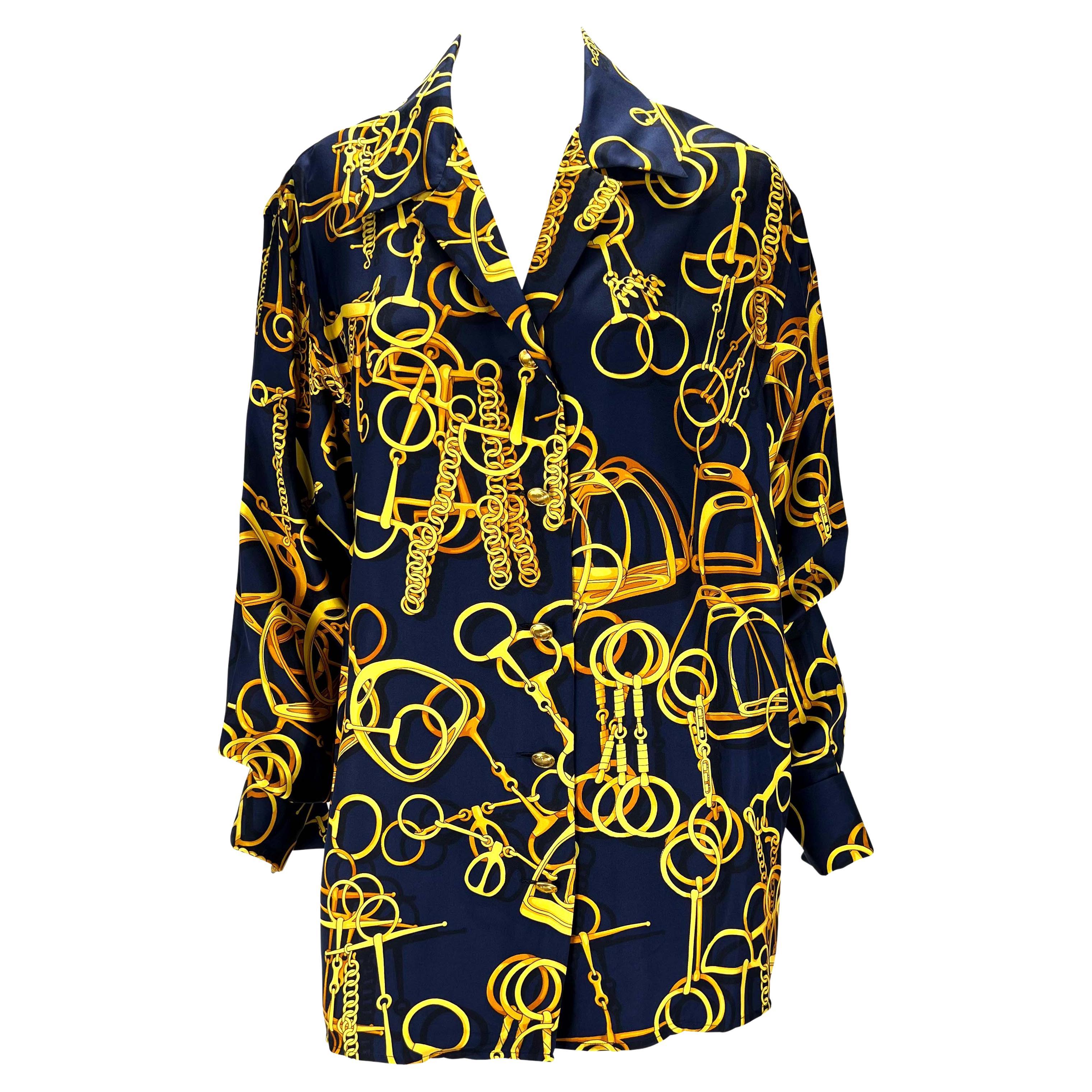 S/S 1993 Gucci Navy Gold Horsebit Print Silk French Cuff Blouse Linen Pants In Good Condition For Sale In West Hollywood, CA