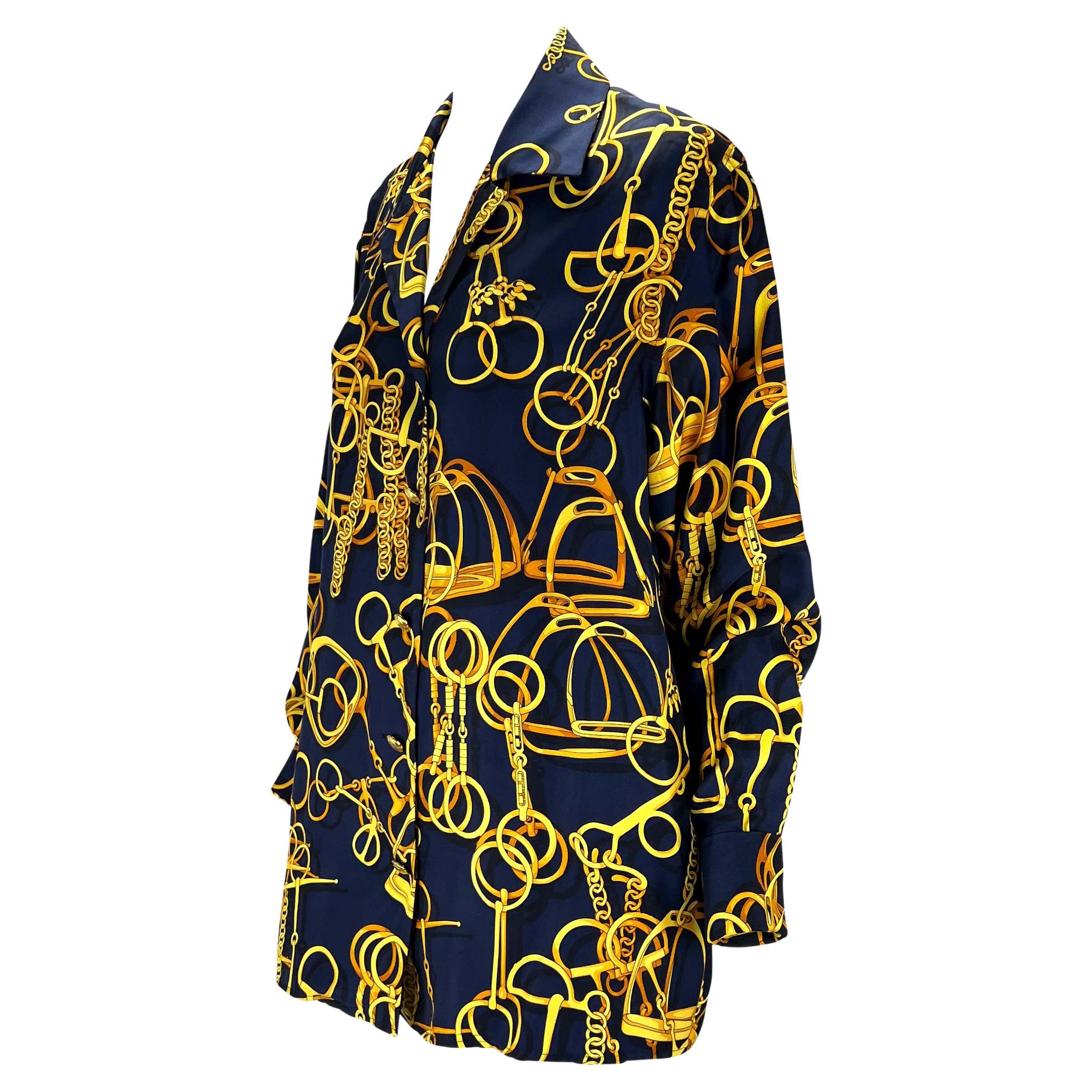 Women's S/S 1993 Gucci Navy Gold Horsebit Print Silk French Cuff Blouse Linen Pants For Sale