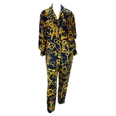 Used S/S 1993 Gucci Navy Gold Horsebit Print Silk French Cuff Blouse Linen Pants