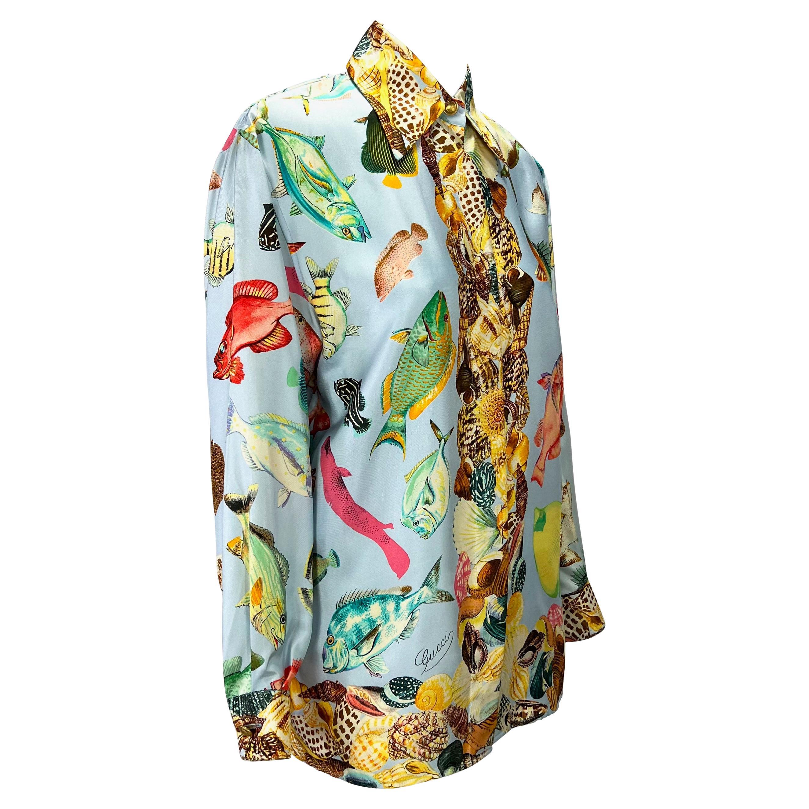 S/S 1992 Gucci Runway Ad Blue Sea Life Fish Print GG Logo Button Up Blouse For Sale 2