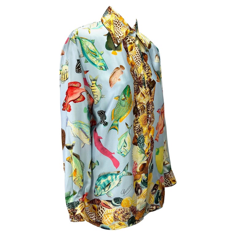 Gucci Multicolor Fish Print Silk Short Sleeve Shirt M Gucci