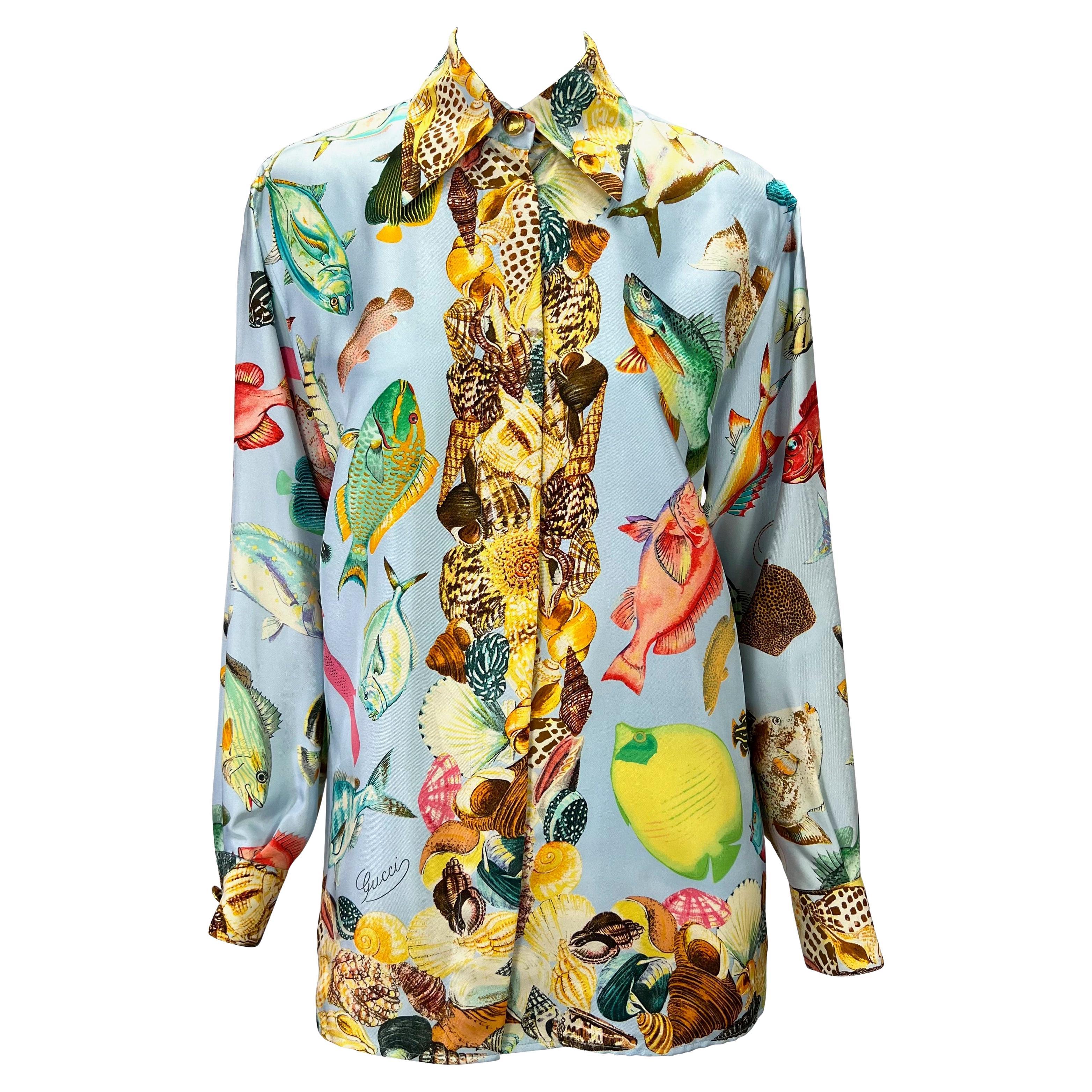 S/S 1992 Gucci Runway Ad Blue Sea Life Fish Print GG Logo Button Up Blouse For Sale