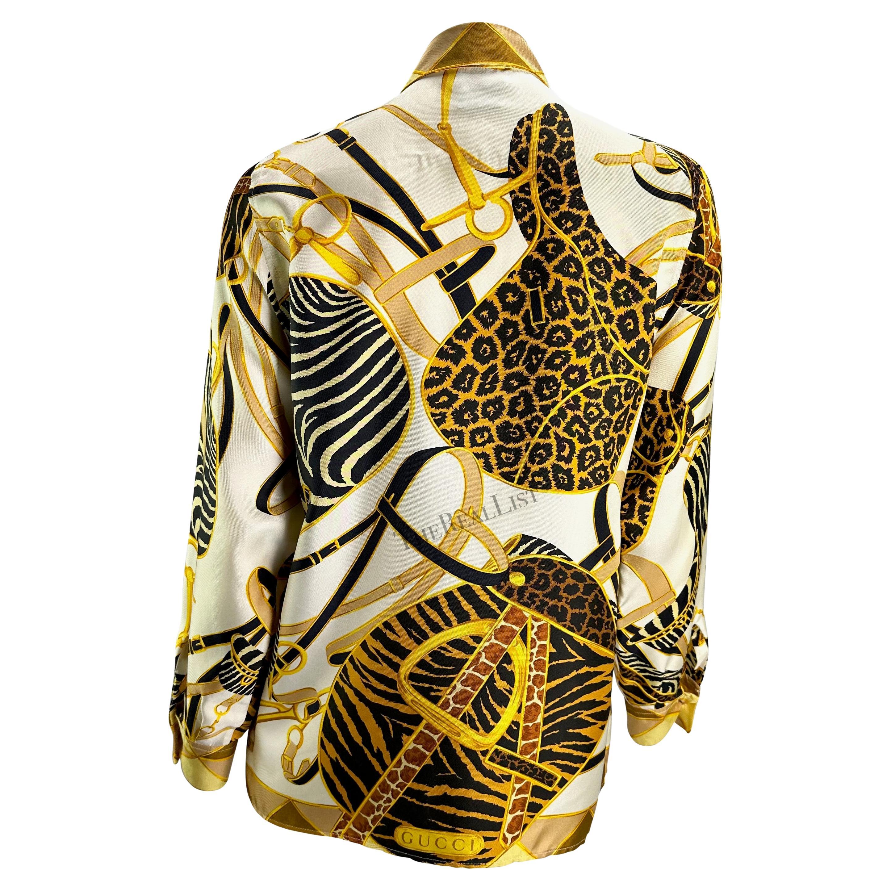 Women's S/S 1993 Gucci Runway Animal Print Silk Collared GG Logo Button Down Shirt For Sale