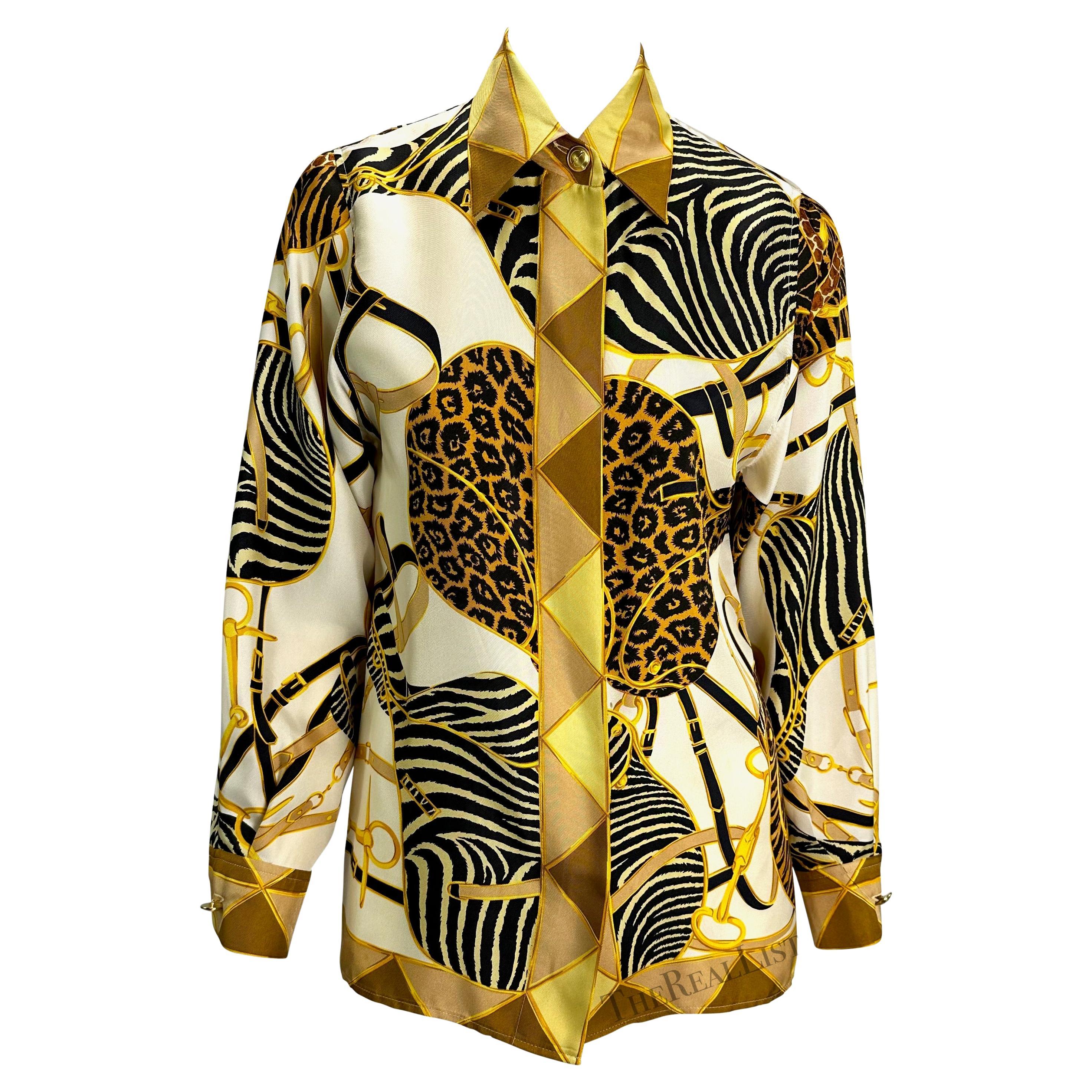 S/S 1993 Gucci Runway Animal Print Silk Collared GG Logo Button Down Shirt  For Sale at 1stDibs
