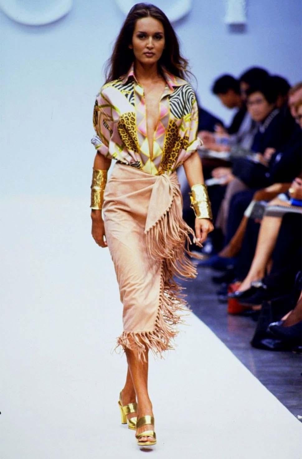 Orange S/S 1993 Gucci Runway Beige Suede Tassel Fringe Wrap Pareo Skirt
