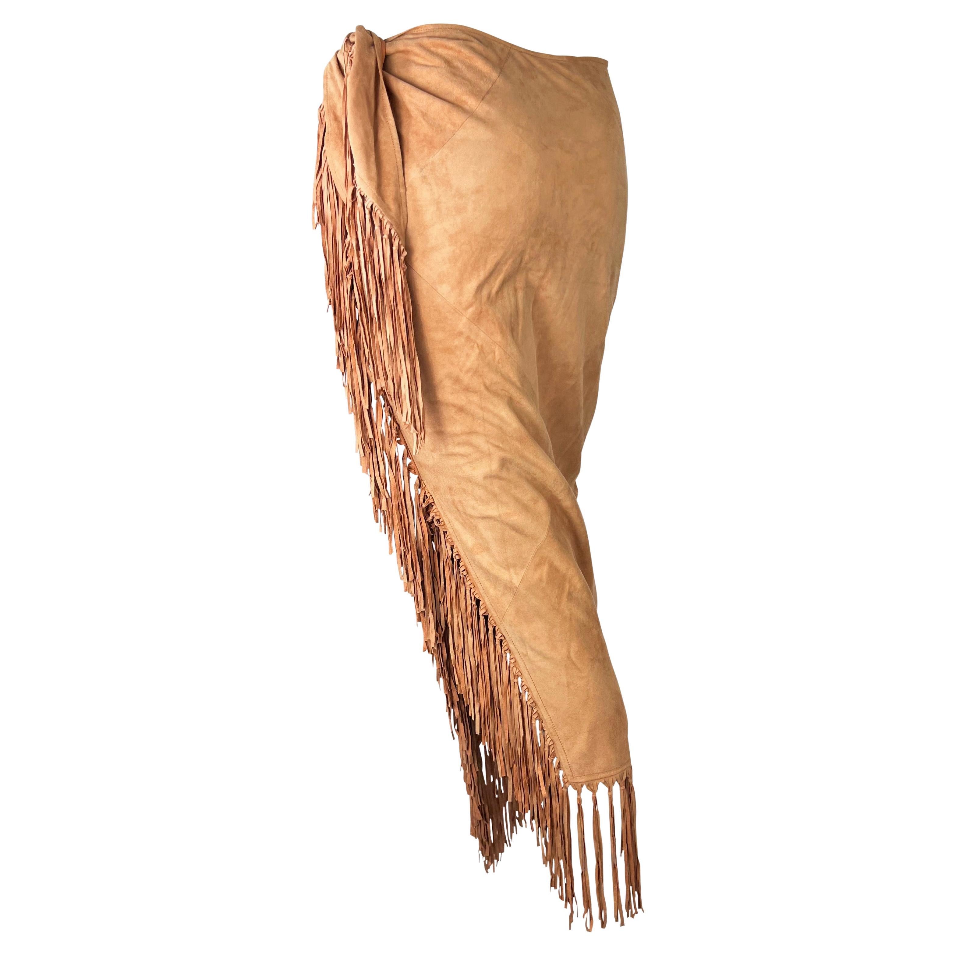 S/S 1993 Gucci Runway Beige Suede Tassel Fringe Wrap Pareo Skirt In Good Condition In West Hollywood, CA