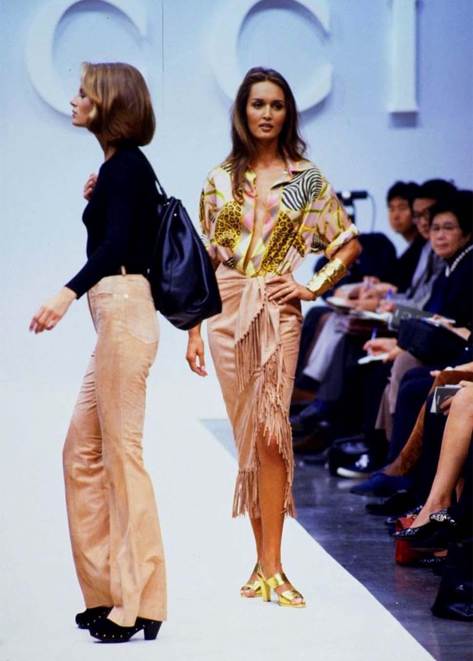 S/S 1993 Gucci Runway Beige Suede Tassel Fringe Wrap Pareo Skirt 2