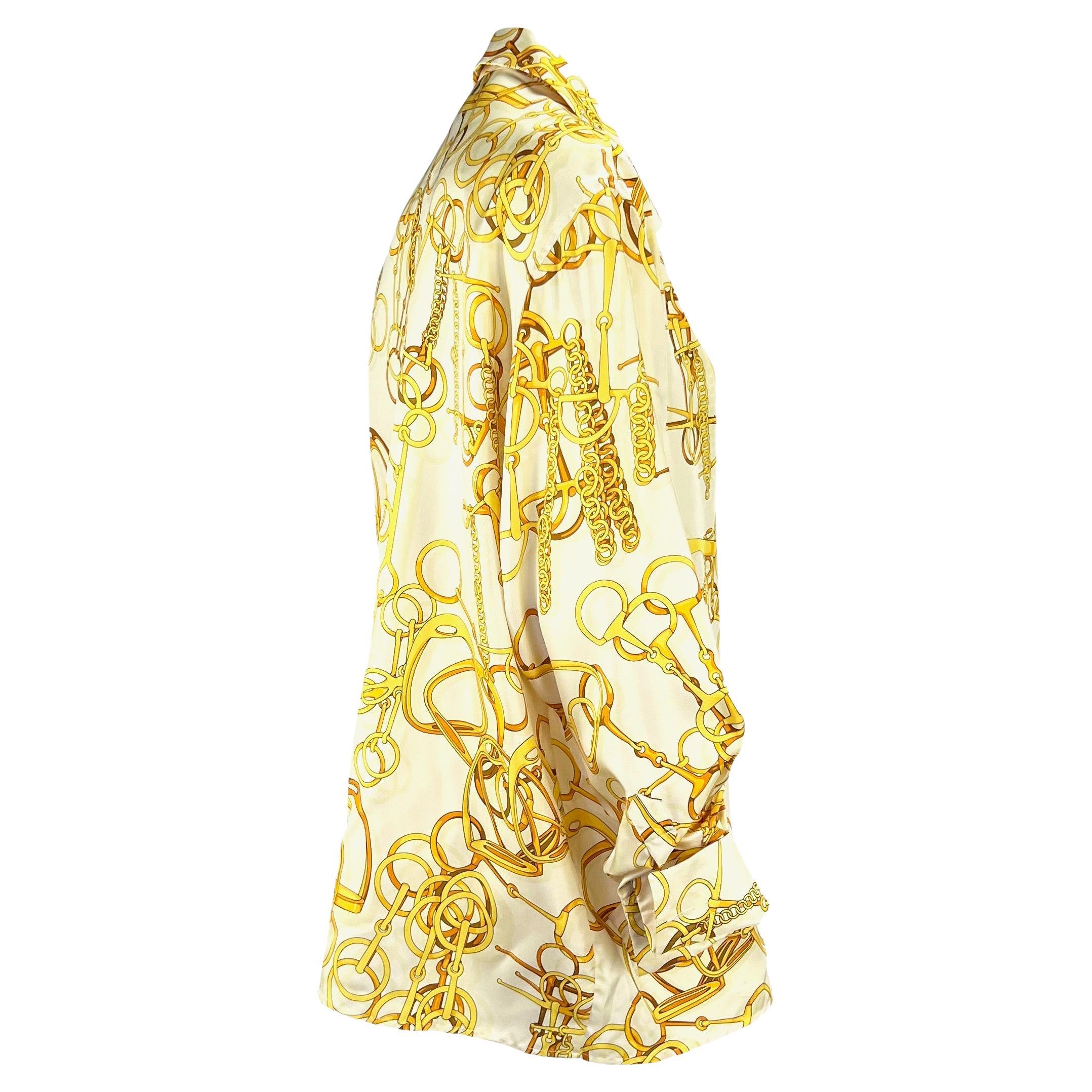 Donna S.S. 1993 Gucci White e Gold Horsebit Print Button Up French Cuff Top in vendita