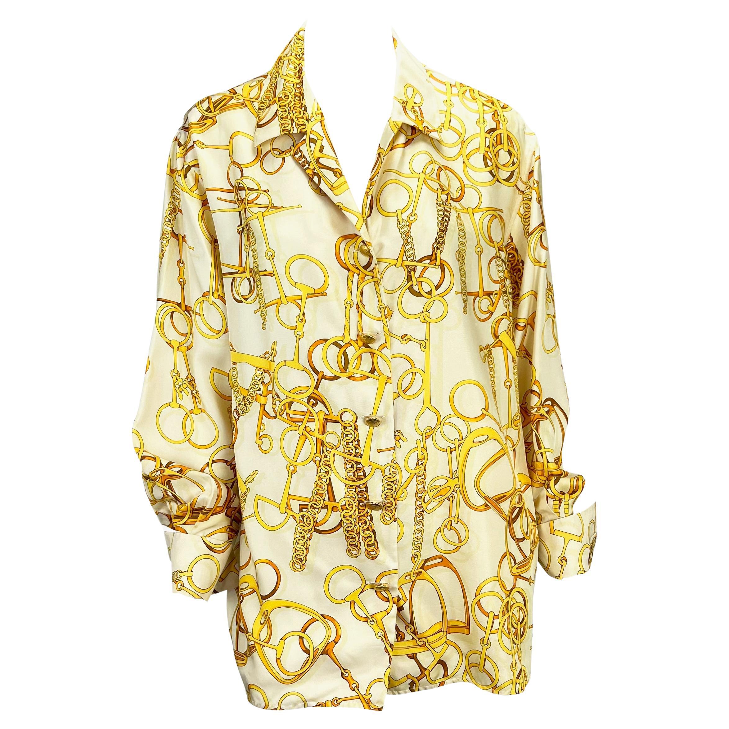 S/S 1993 Gucci White and Gold Horsebit Print Button Up French Cuff Top For Sale