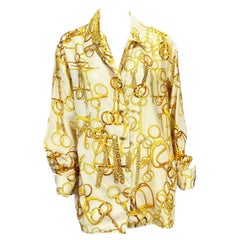 S/S 1993 Gucci White and Gold Horsebit Print Button Up French Cuff Top