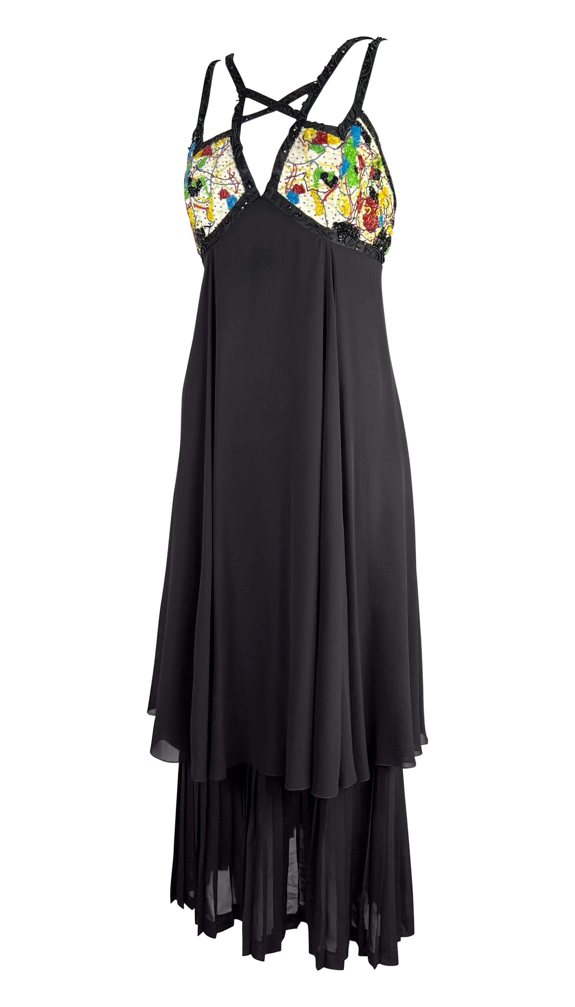 S/S 1993 Karl Lagerfeld Laufsteg Schwarzes, gestuftes Chiffonkleid mit mehrfarbigen, perlenbesetzten Trägern im Zustand „Gut“ im Angebot in West Hollywood, CA