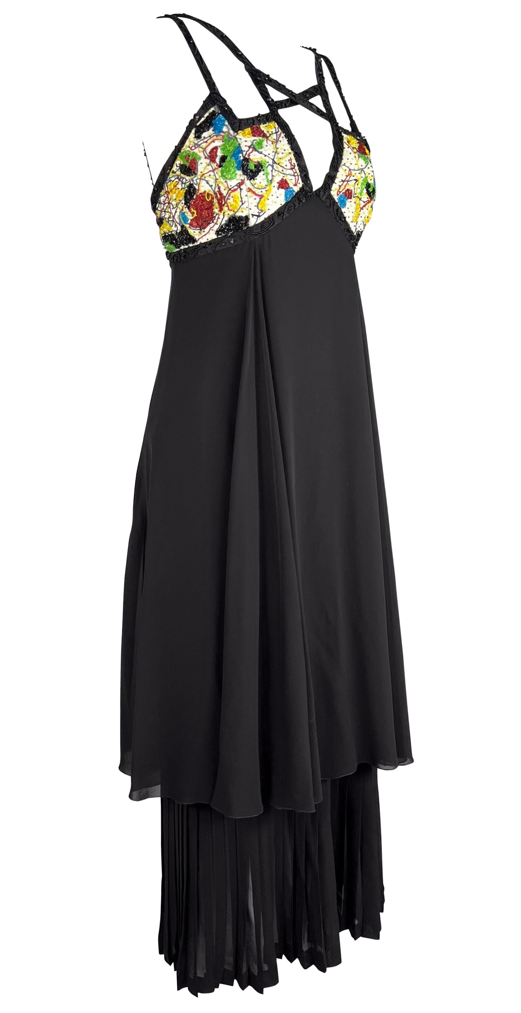 S/S 1993 Karl Lagerfeld Laufsteg Schwarzes, gestuftes Chiffonkleid mit mehrfarbigen, perlenbesetzten Trägern im Angebot 5