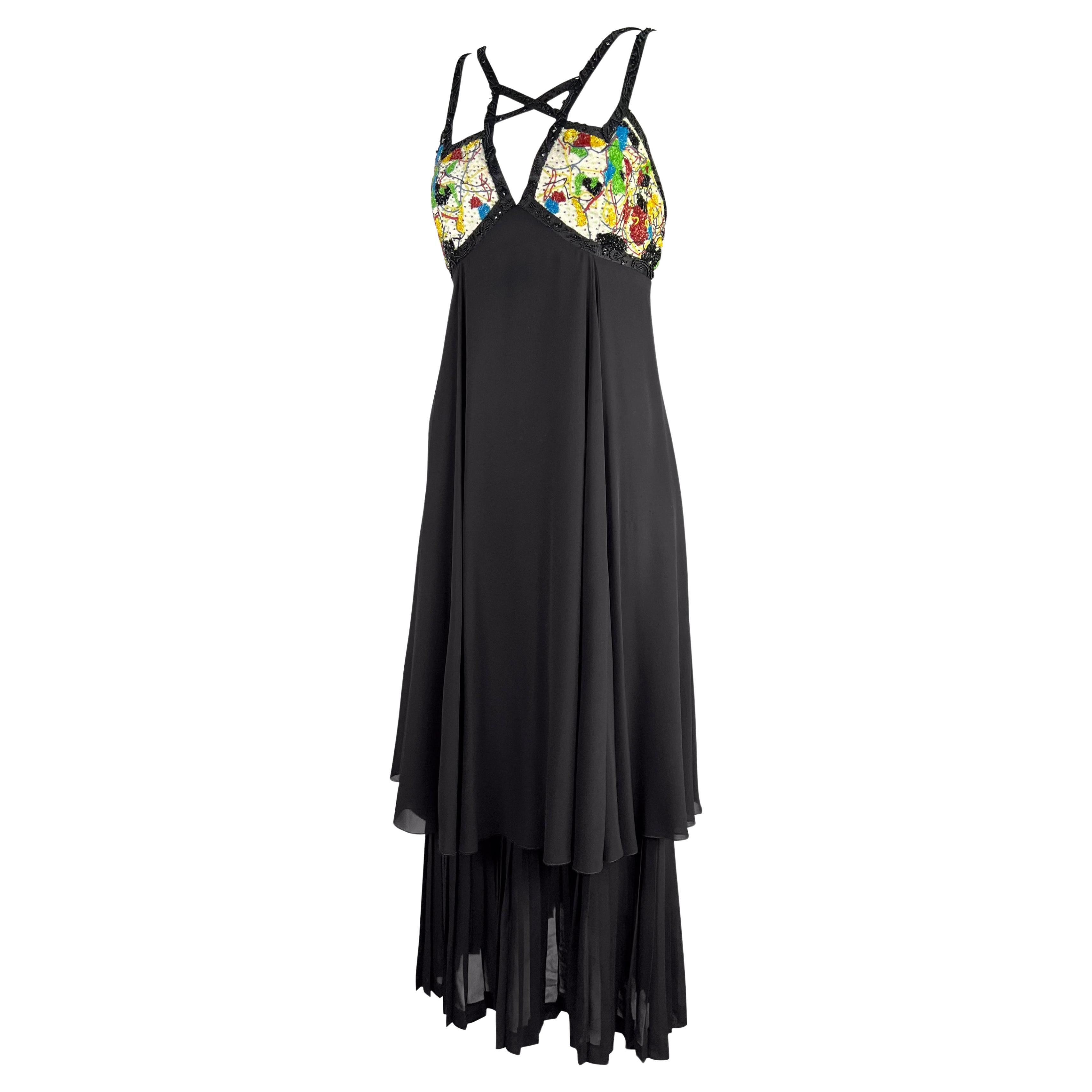 S/S 1993 Karl Lagerfeld Laufsteg Schwarzes, gestuftes Chiffonkleid mit mehrfarbigen, perlenbesetzten Trägern im Angebot