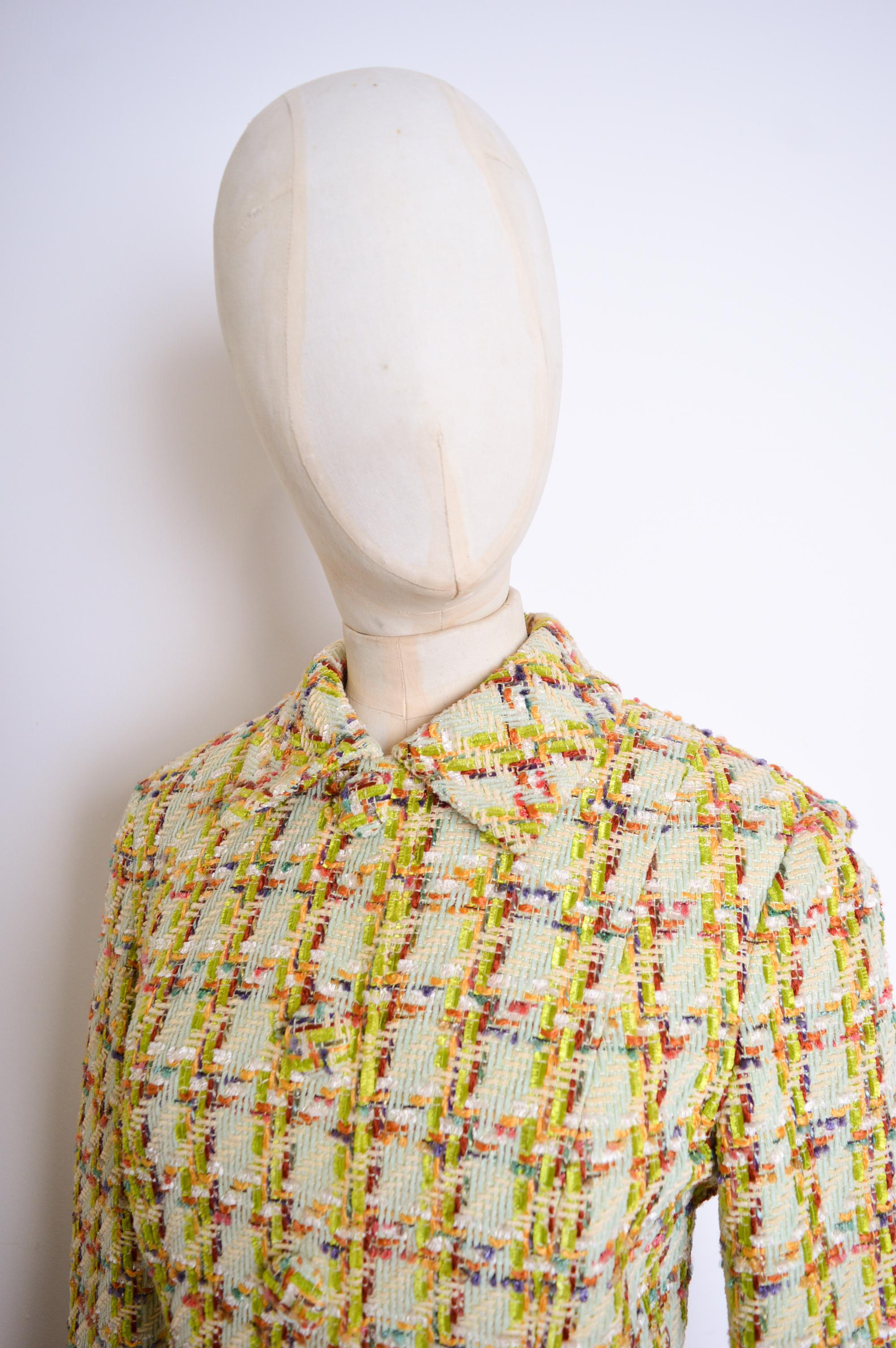 Women's S/S 1993 ROCHAS Jewel Tone Lime Green Tweed Boucle Jacket & Skirt Matching Set For Sale