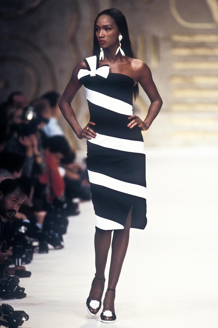 S/S 1993 Valentino Garavani Runway Black White Stripe Bow Dress at 1stDibs