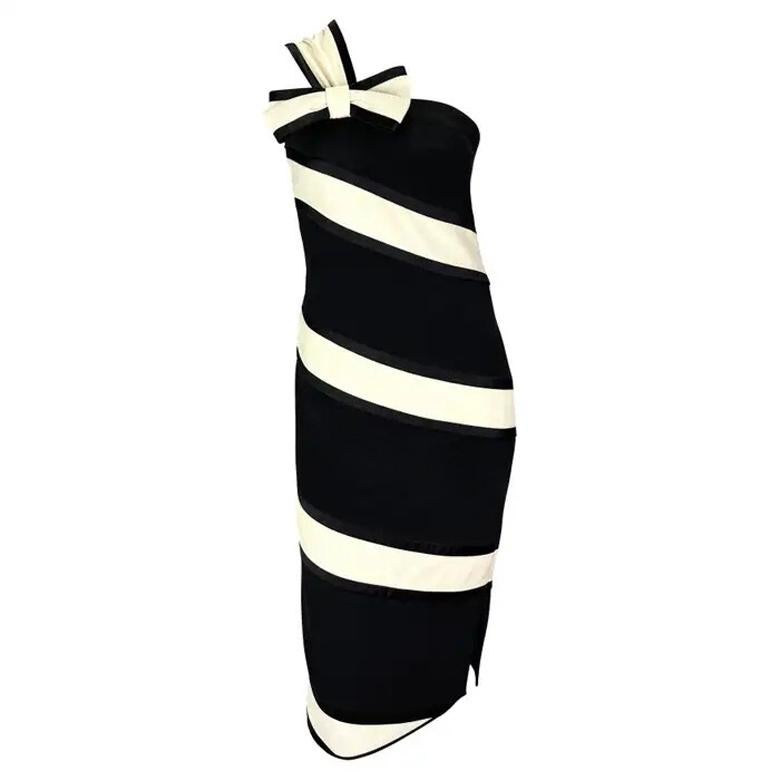 S/S 1993 Valentino Garavani Runway Robe à nœud rayé noir et blanc en vente