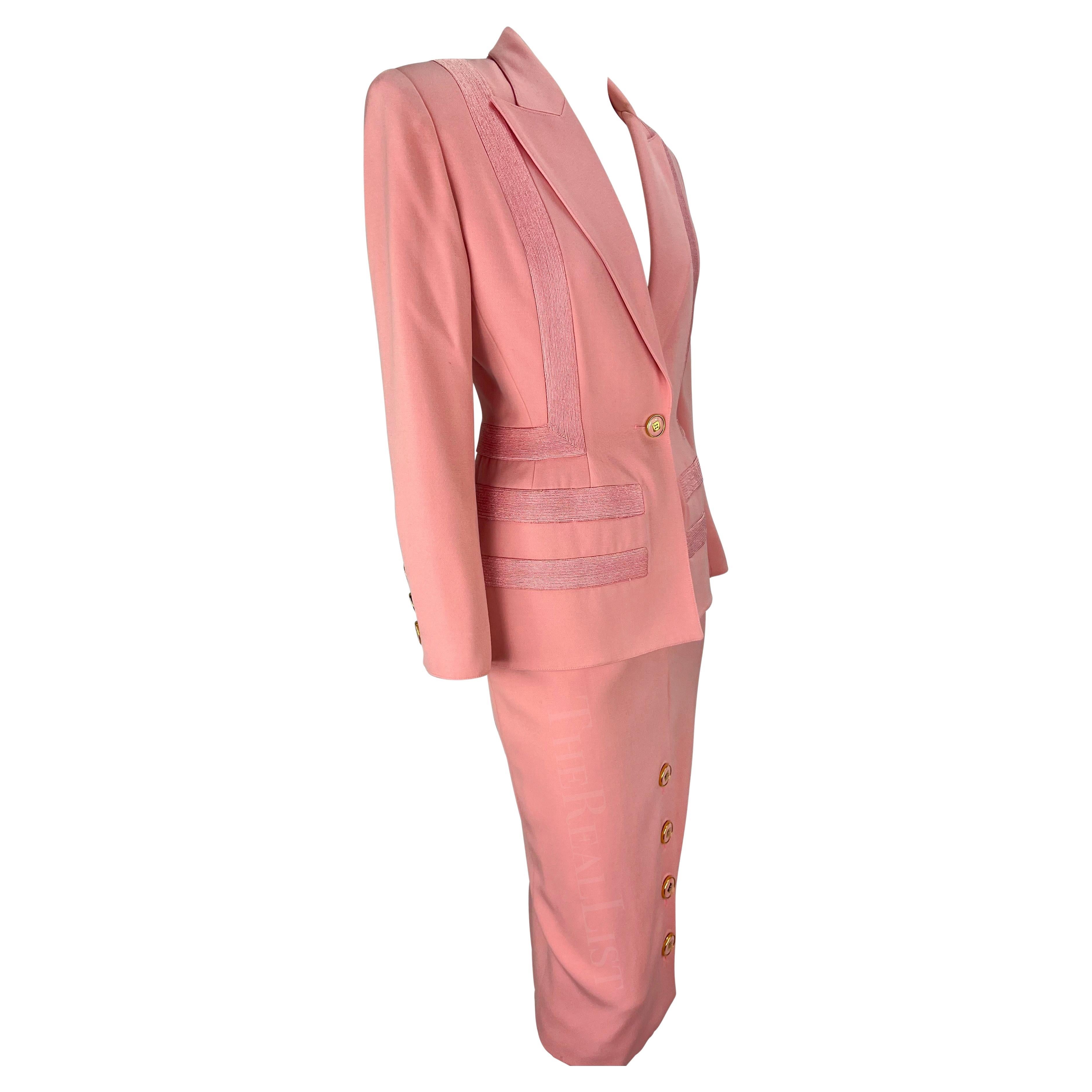 S/S 1993 Valentino Garavani Runway Embroidered Geometric Light Pink Skirt Suit For Sale 3