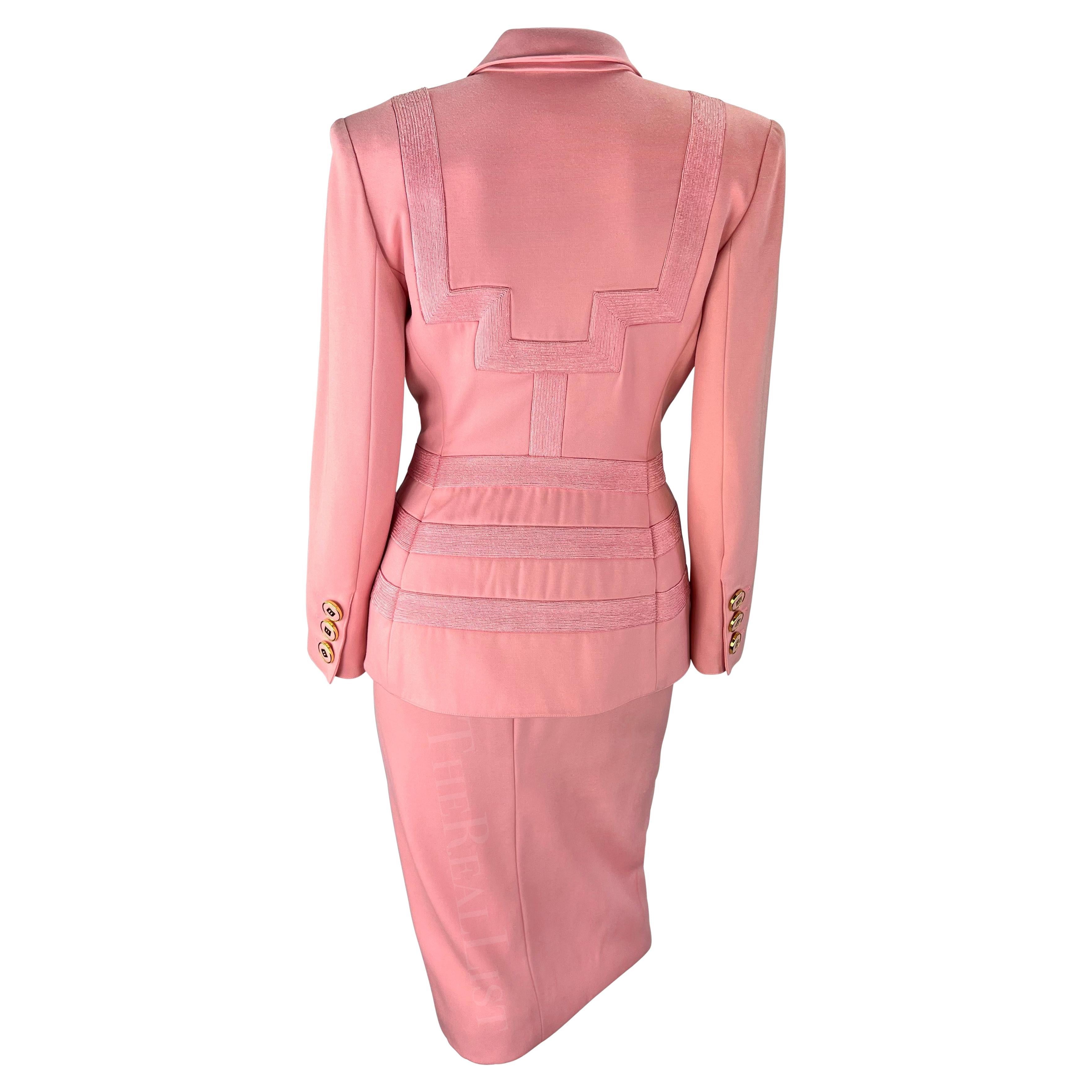 Women's S/S 1993 Valentino Garavani Runway Embroidered Geometric Light Pink Skirt Suit For Sale