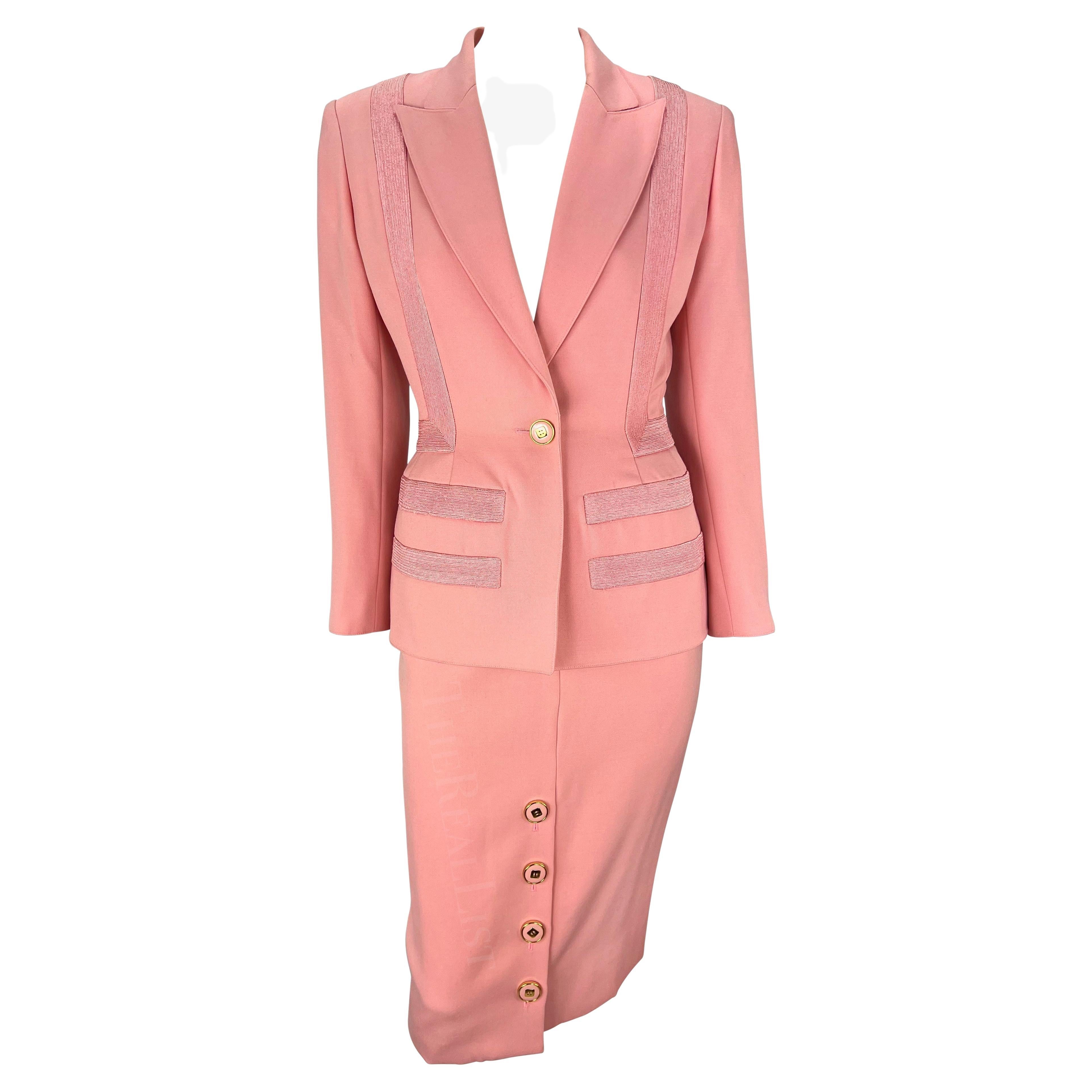 S/S 1993 Valentino Garavani Runway Embroidered Geometric Light Pink Skirt Suit For Sale