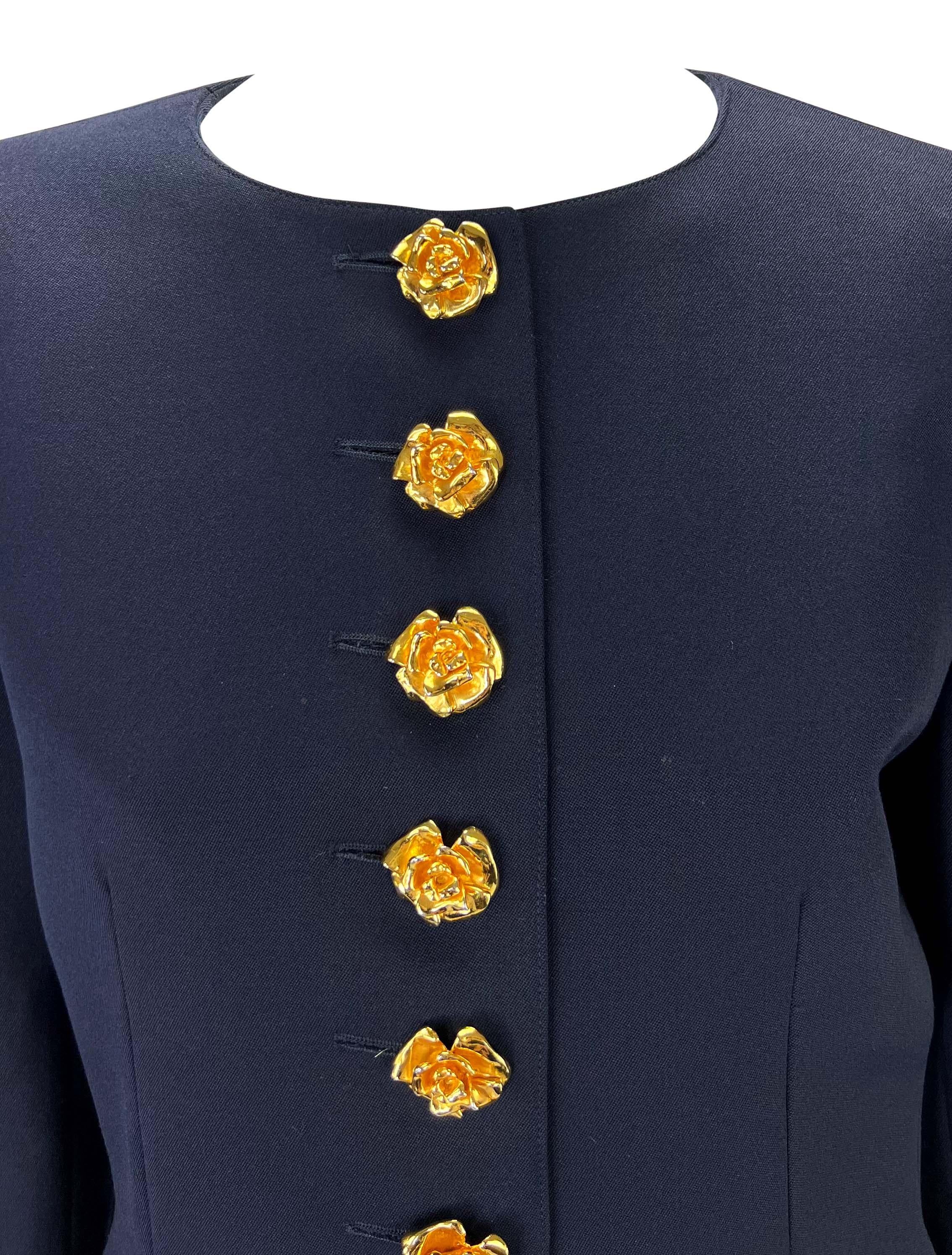 Black S/S 1993 Valentino Garavani Runway Gold Rose Sculptural Button Blazer Jacket